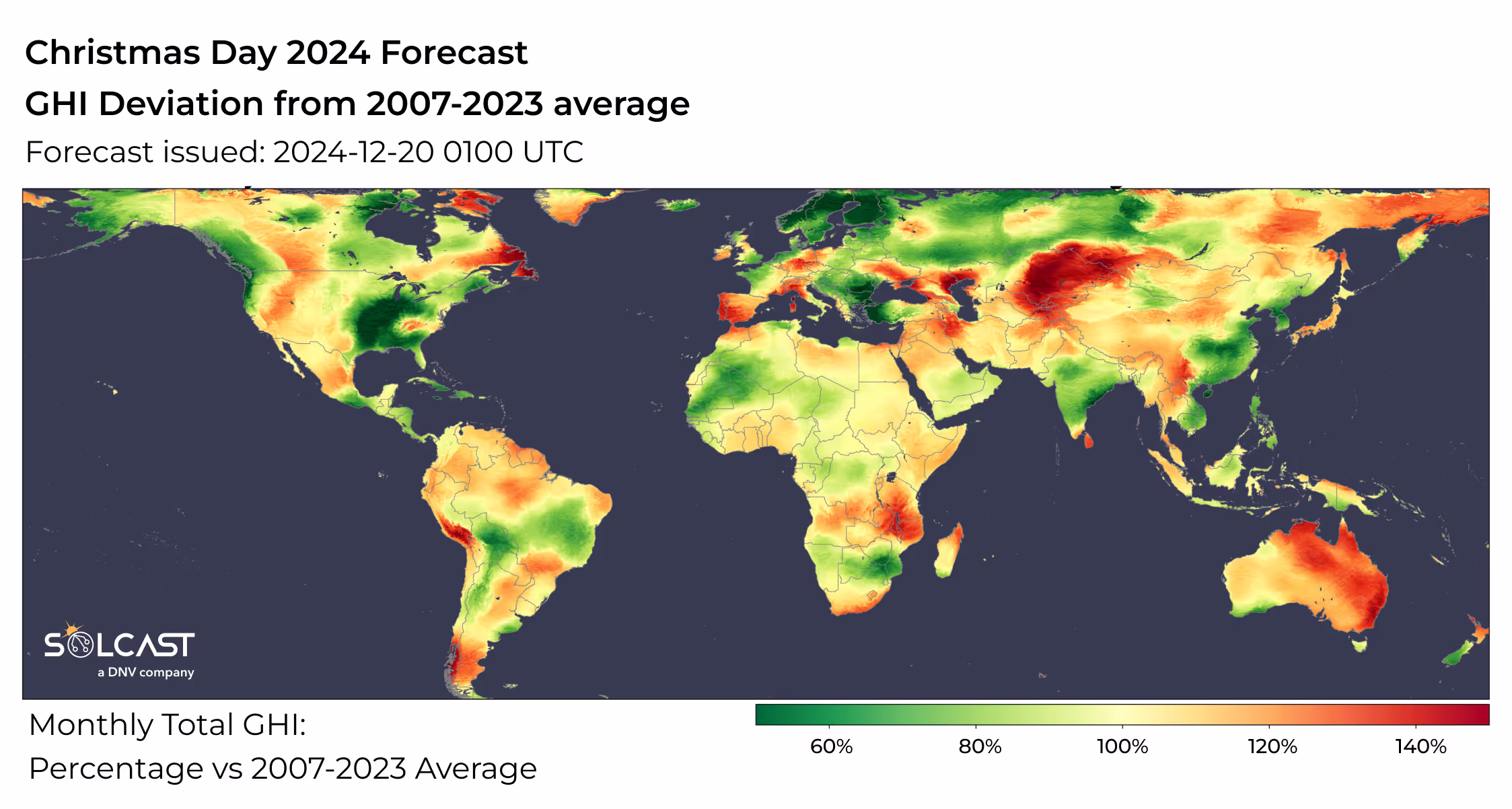 Global map of Christmas Day 2024 solar forecast showing GHI deviation from 2007-2023 average
