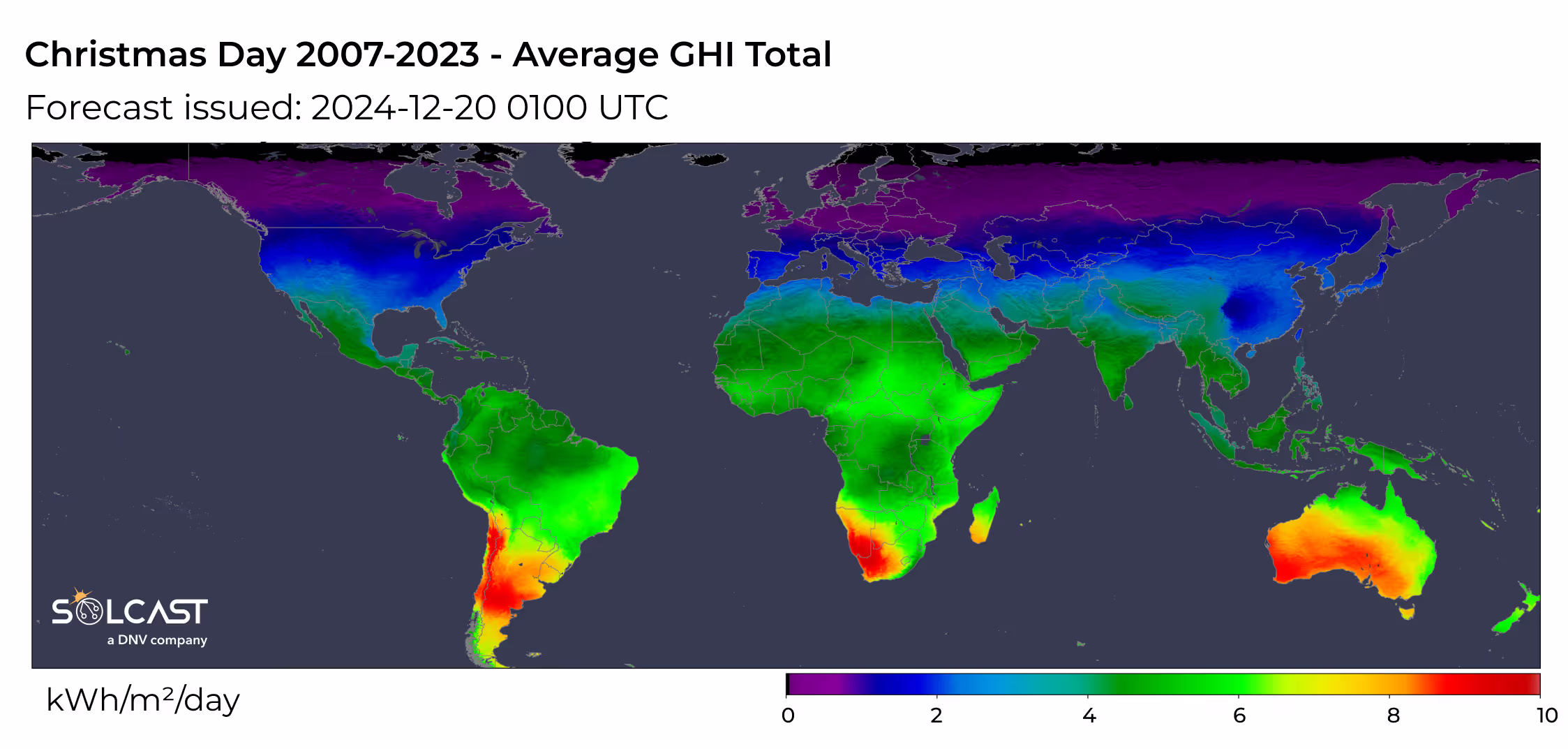 A global map showing the average GHI total of Christmas Day 2007-2023