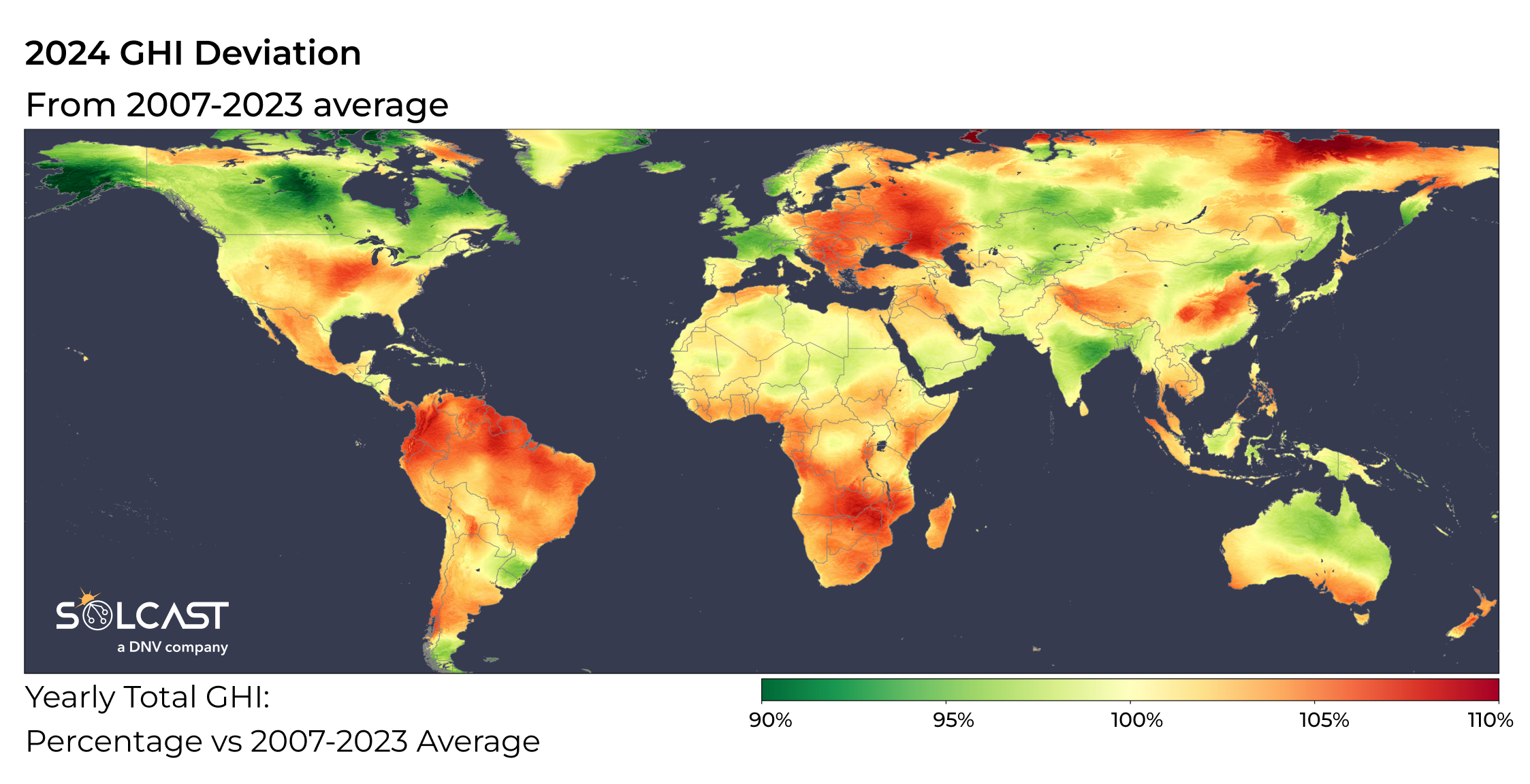 A global map showing the 2024 GHI deviation from 2007-2023 average