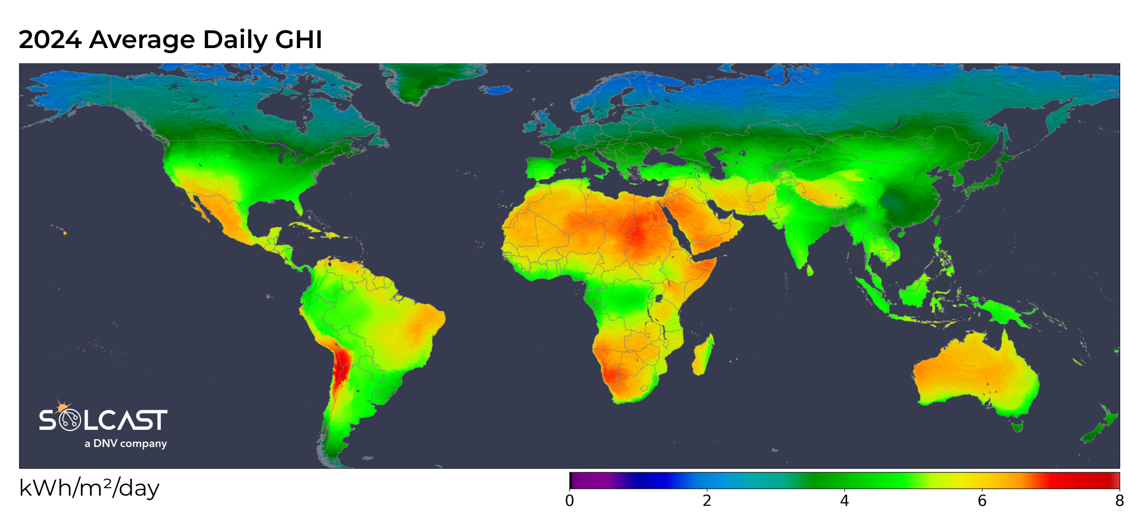 A global map showing the 2024 Average Daily GHI