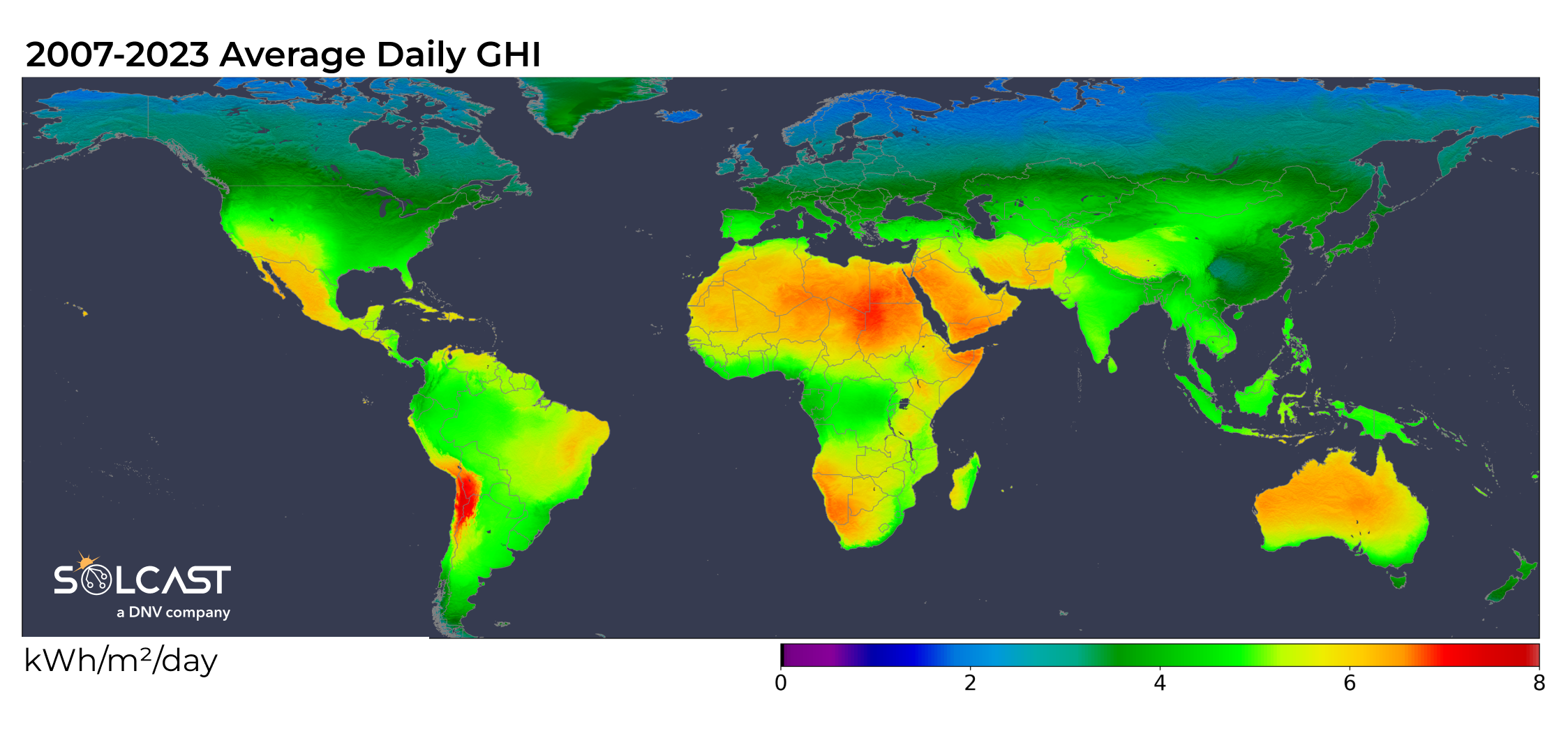 A global map showing the 2007-2023 average daily GHI