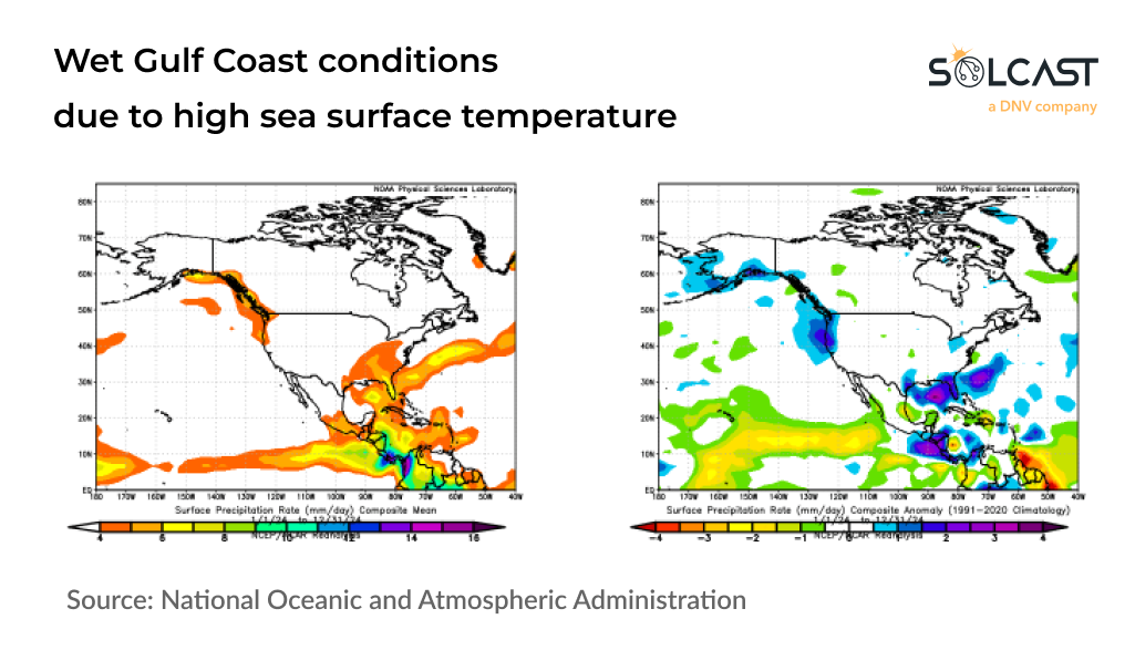 A map showing the wet Gulf Coast conditions due to high sea surface temperature