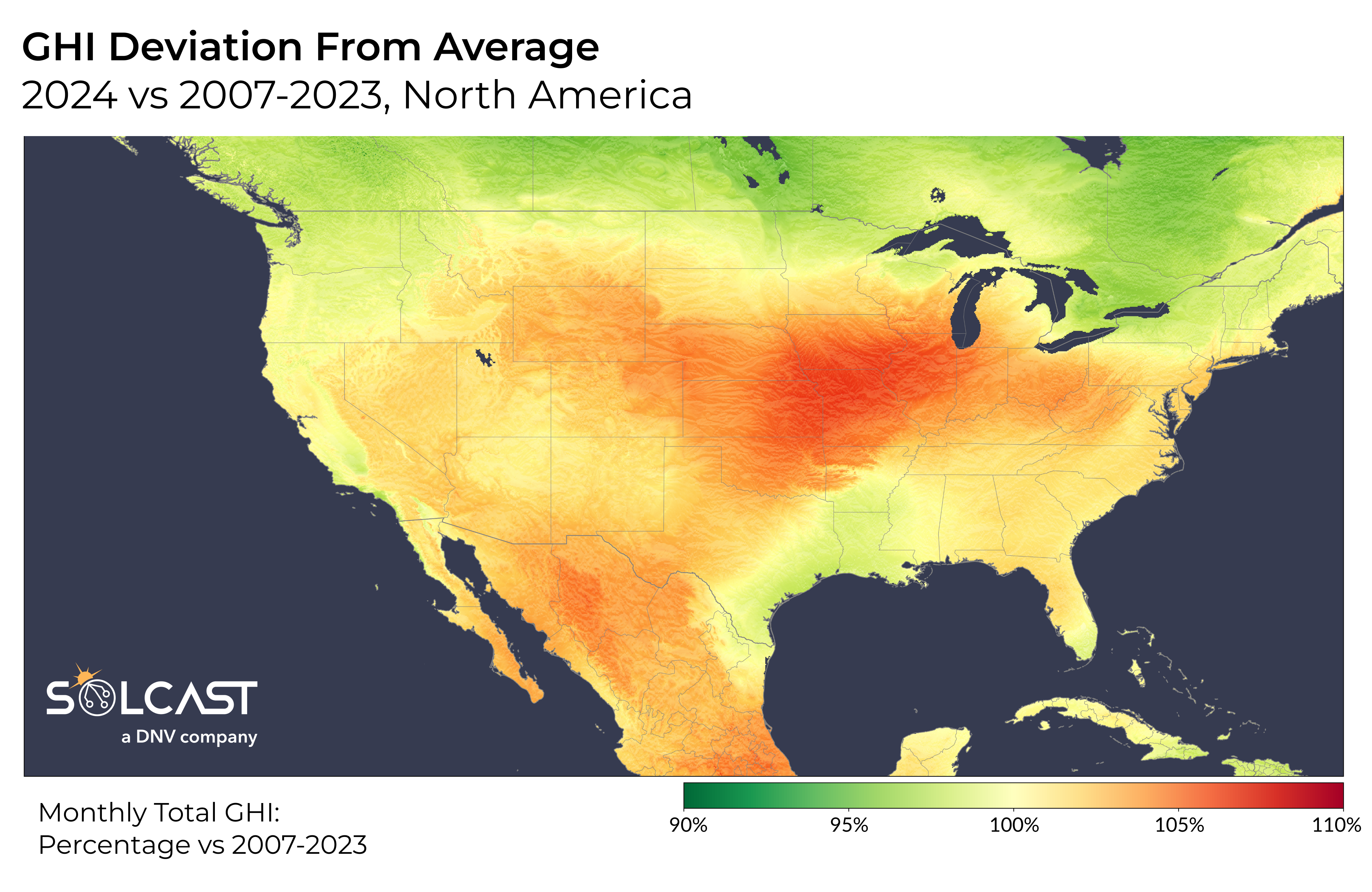 A map of North America showing the 2024 GHI Deviation from 2007-2023 average