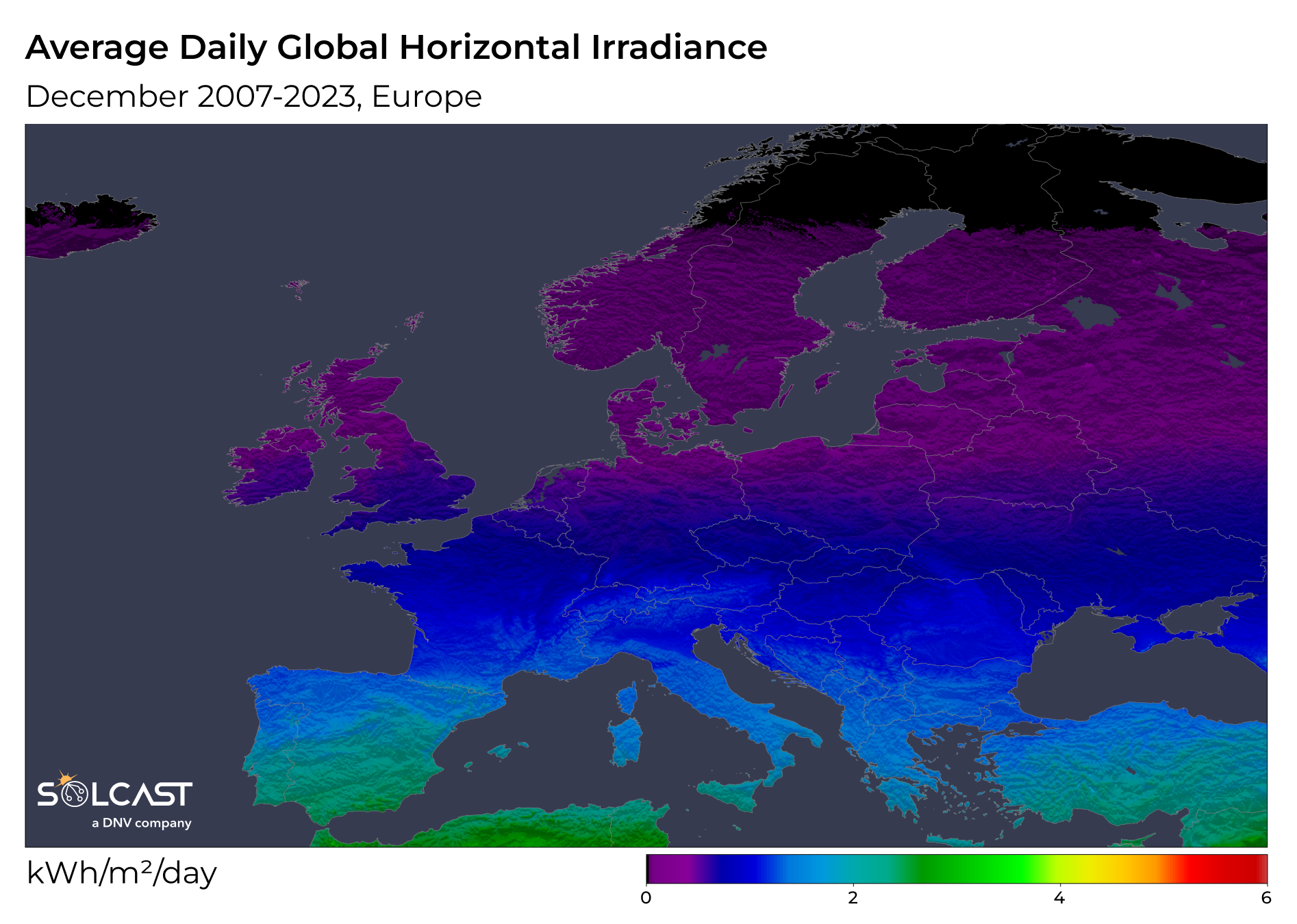 A plot map showing Europe's December 2007-2023 Average Daily Global Horizontal Irradiance