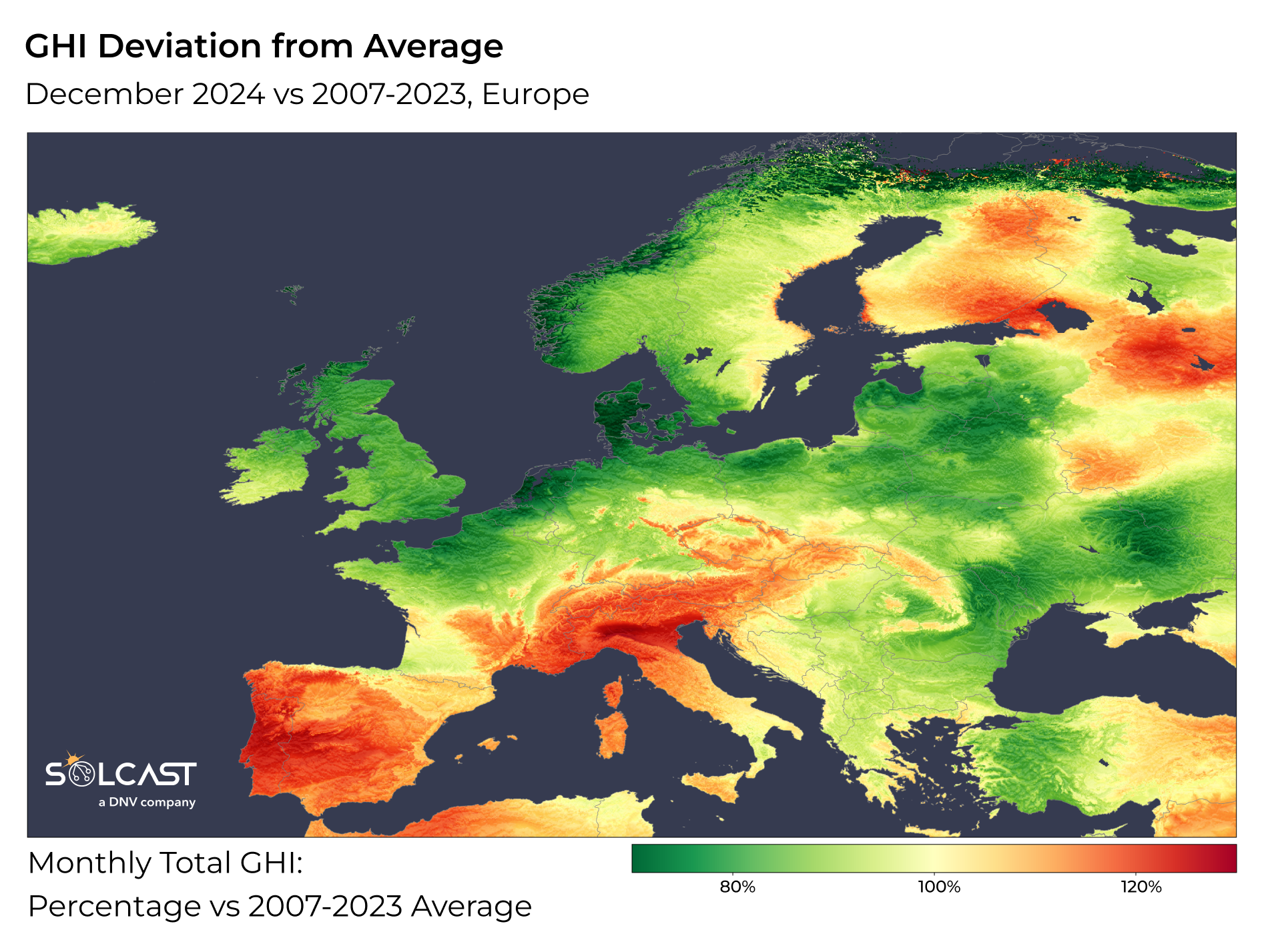A map of Europe showing December 2024 GHI deviation from 2007-2023 long term average