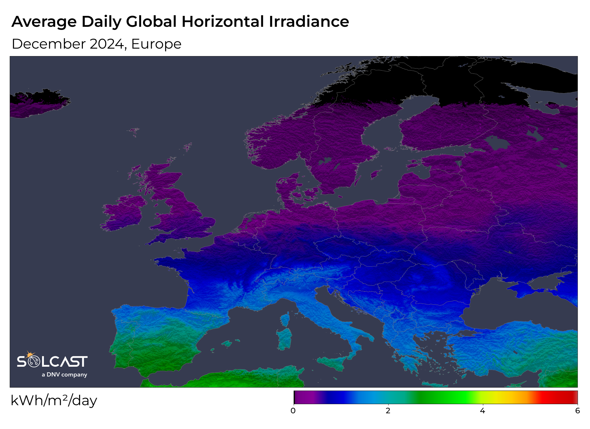 A plot map showing Europe's Average Daily Global Horizontal Irradiance (GHI) in December 2024