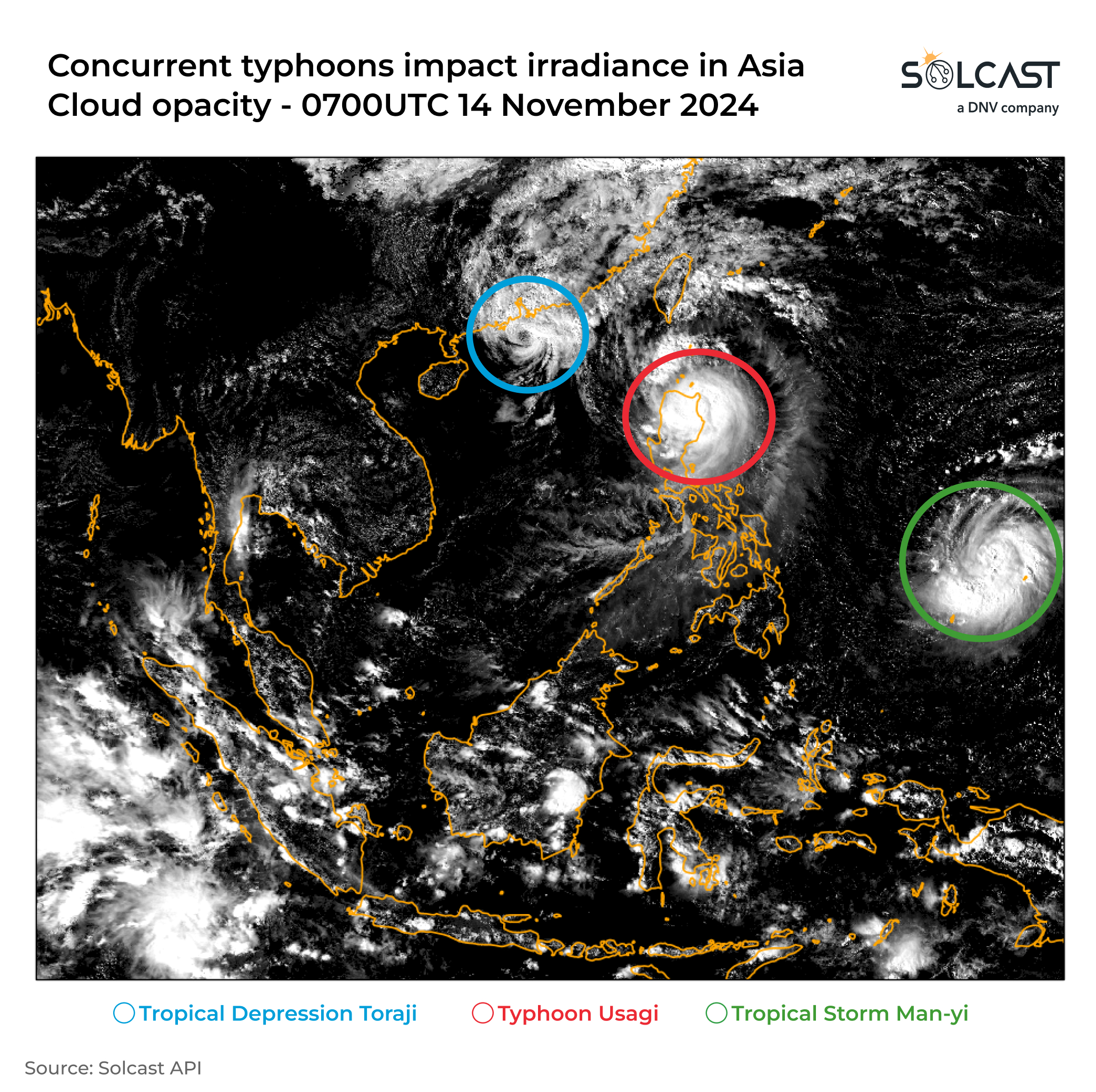 A map showing the concurrent typhoons Toraji, Usagi, and Man-yi in Asia in November 2024
