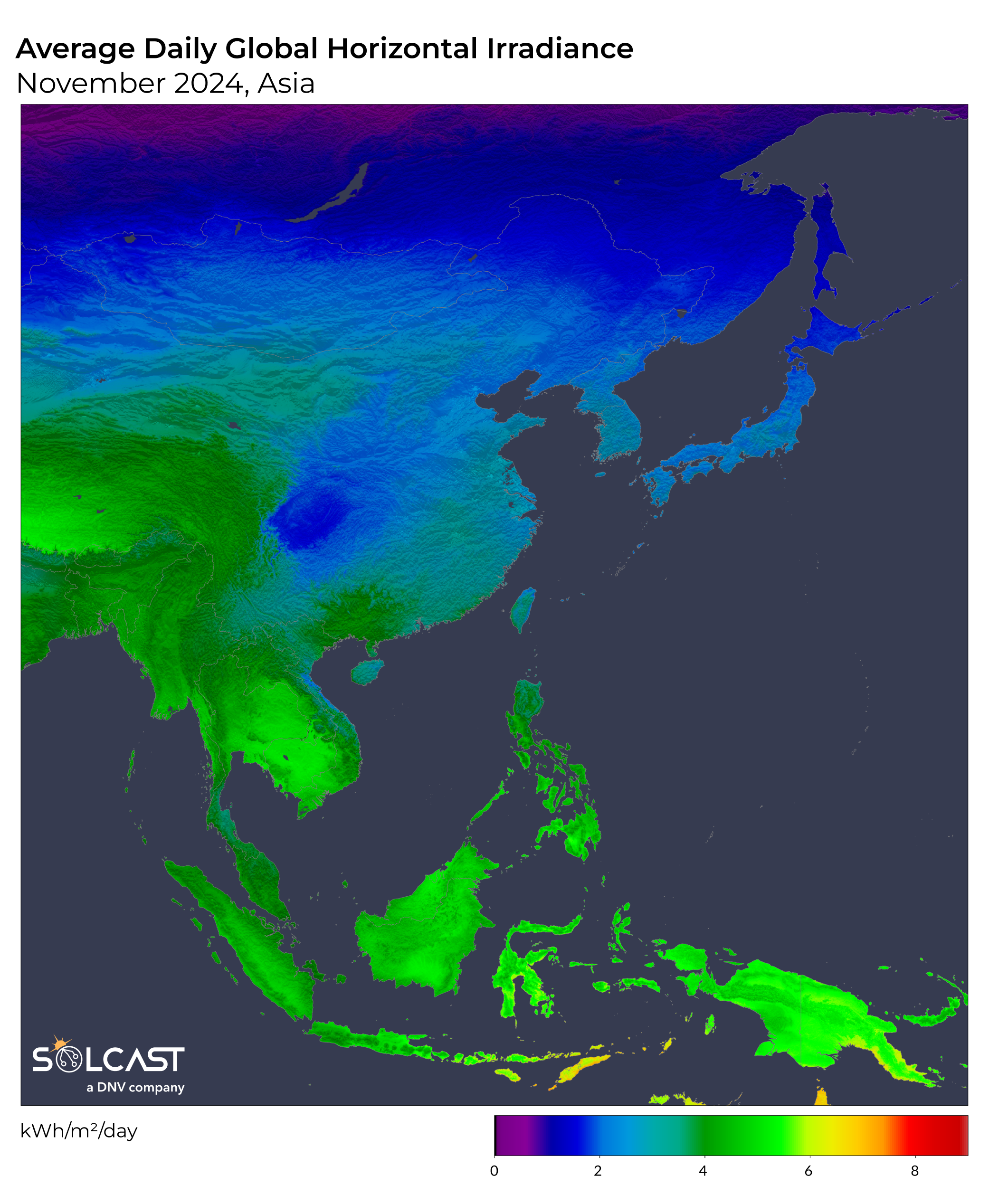 A map showing the Average Daily Global Horizontal Irradiance in Asia in November 2024
