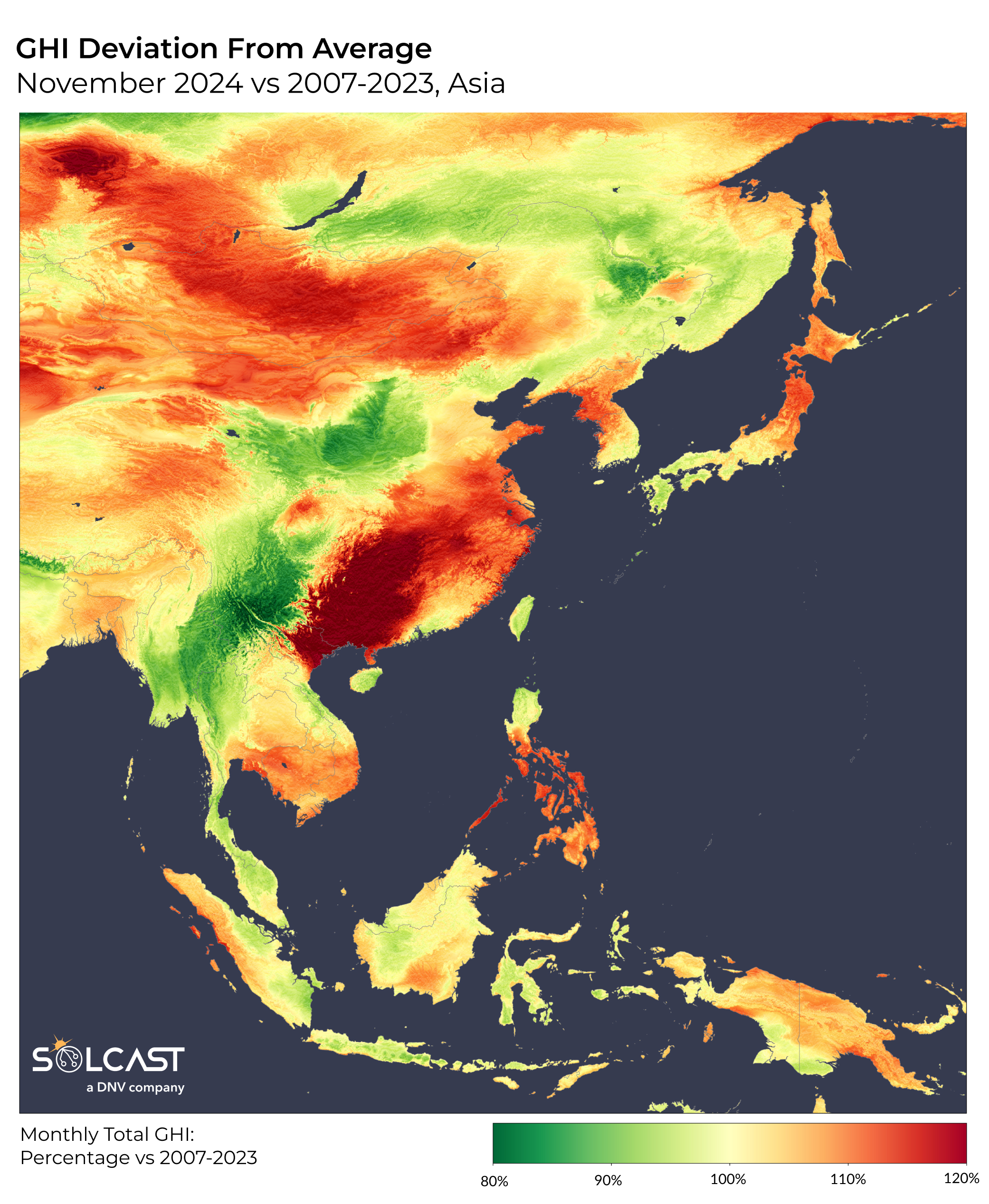 A map showing the GHI Deviation from Average in Asia in November 2024 vs 2007-2023