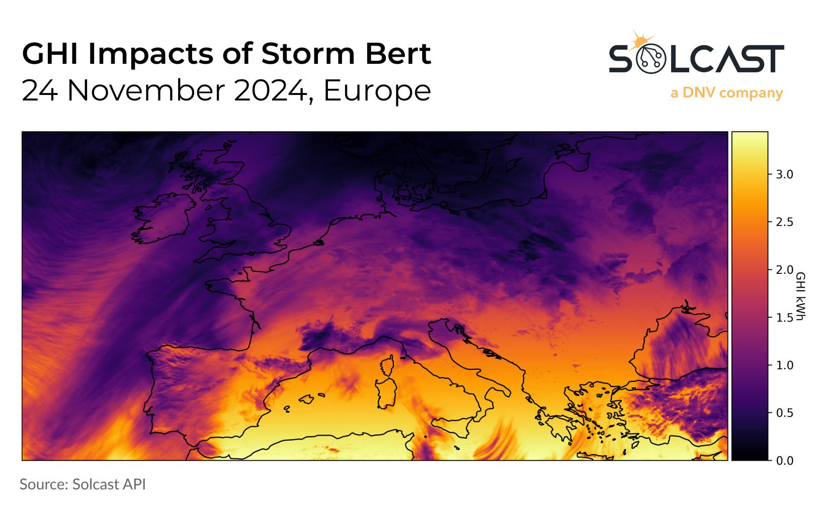 A map showing the irradiance impacts of Storm Bert in Europe