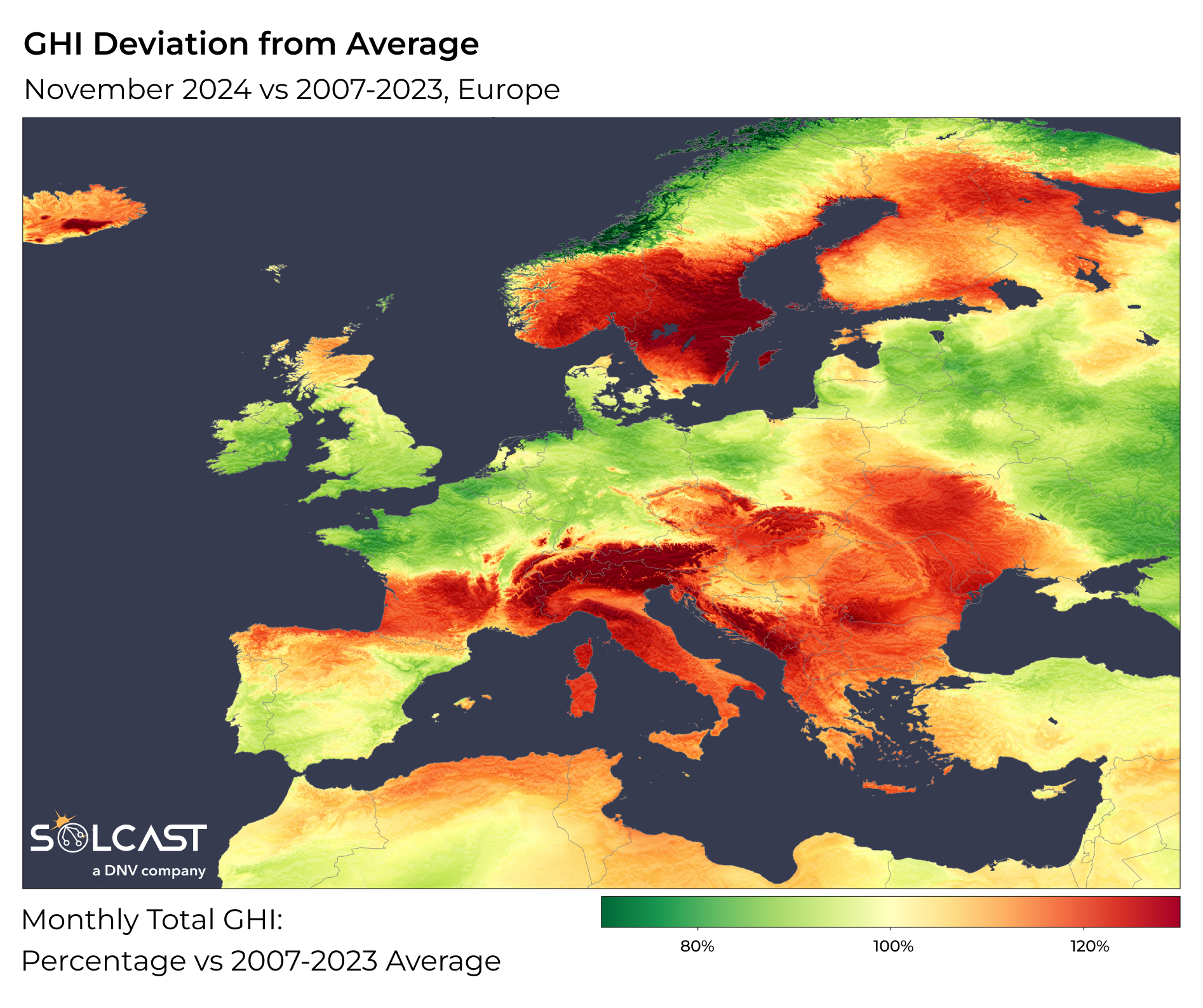 A map showing the GHI Deviation from Average in Europe in November 2024 vs 2007-2023
