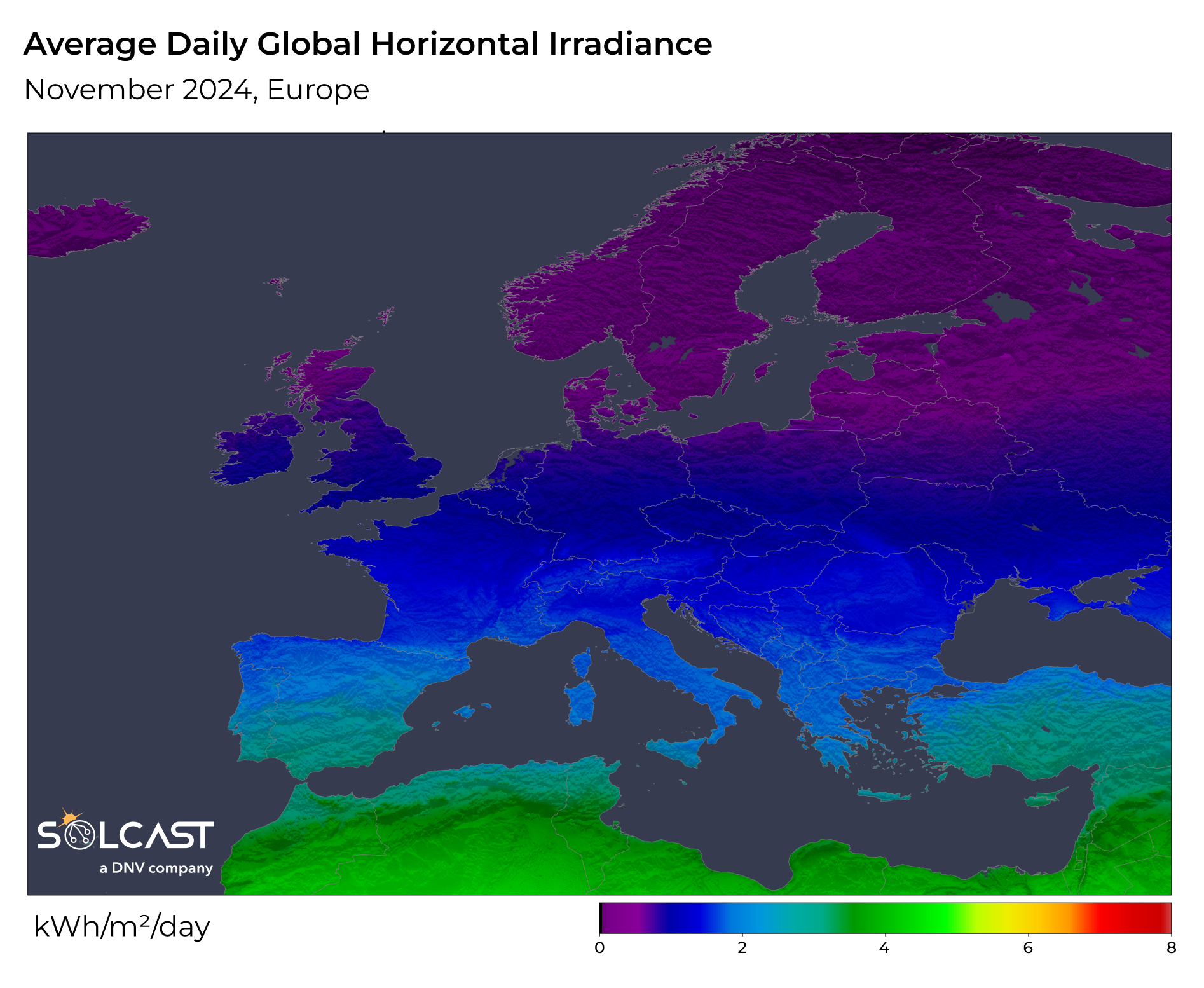 A map showing Europe's average daily global horizontal irradiance In November 2024