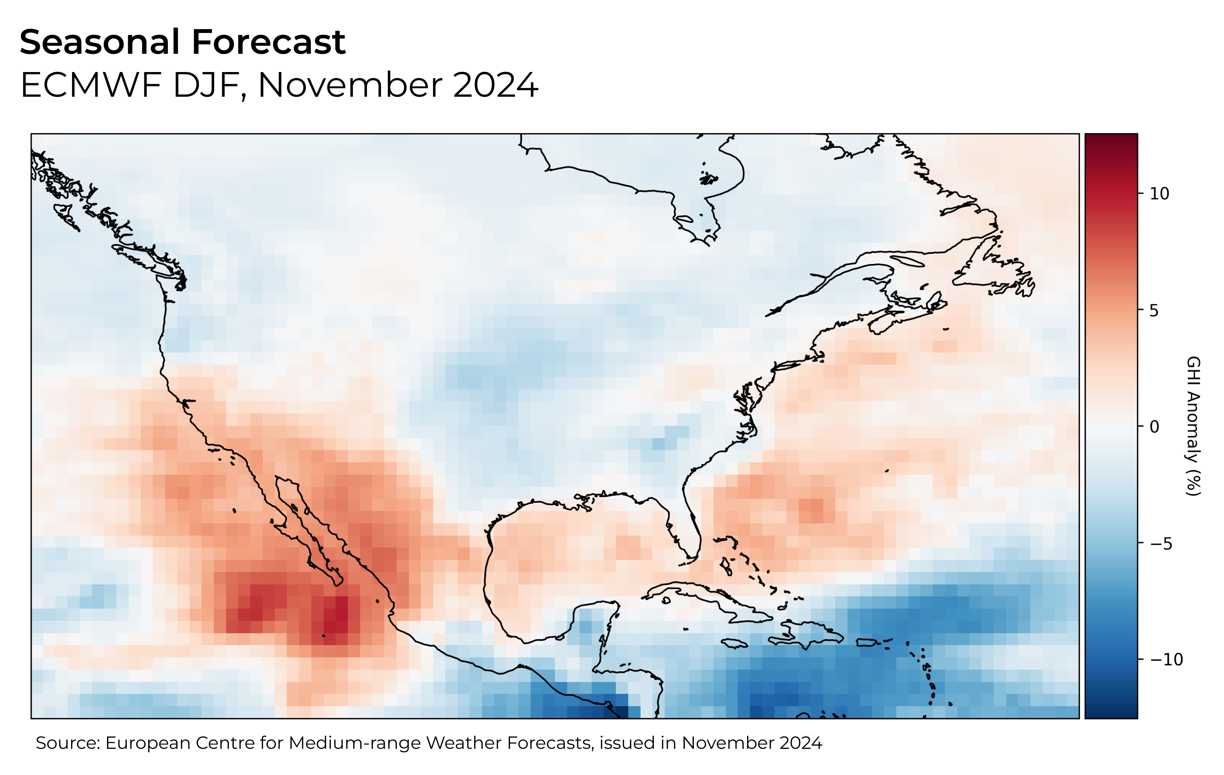 A plot map showing the seasonal forecast in North America from ECMWF DJF
