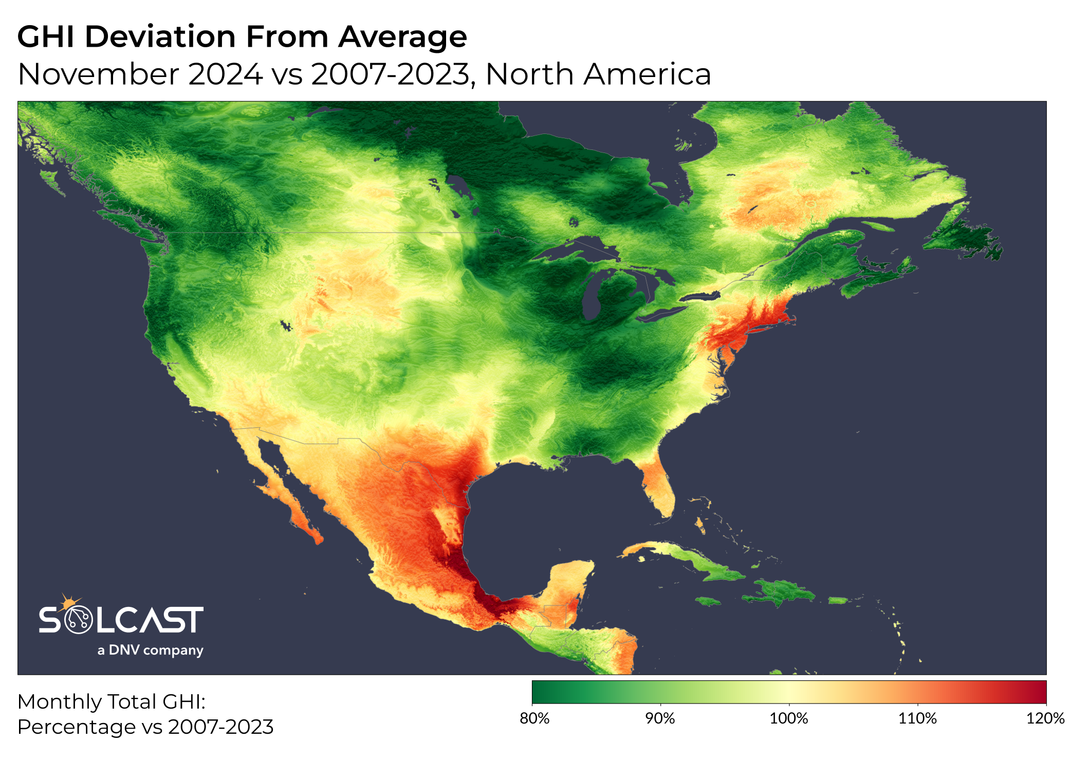A North American map showing the GHI Deviation from Average in November 2024 vs 2007-2023