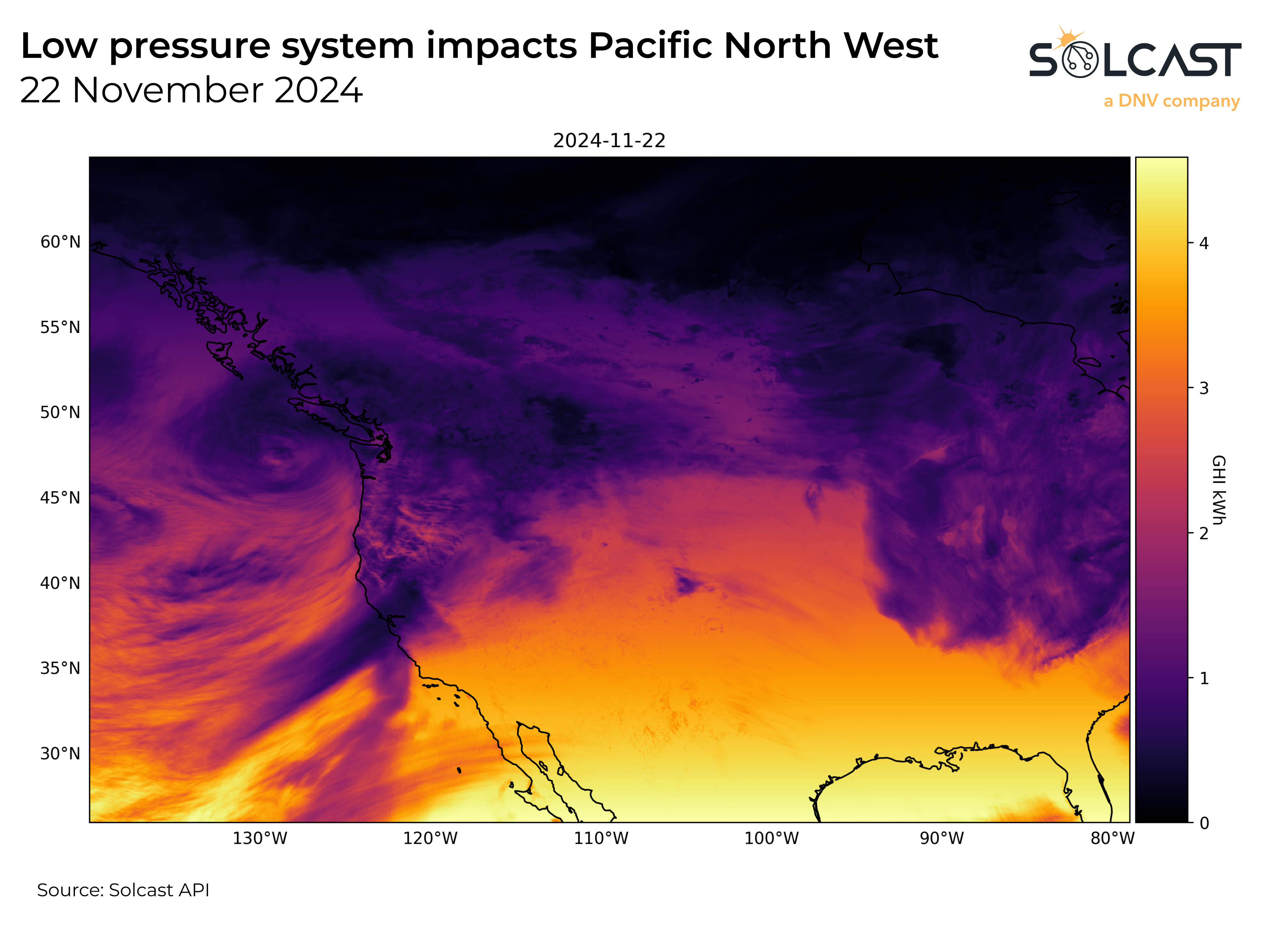 A plot map showing how the low pressure system impacts Pacific North West in November 22 2024