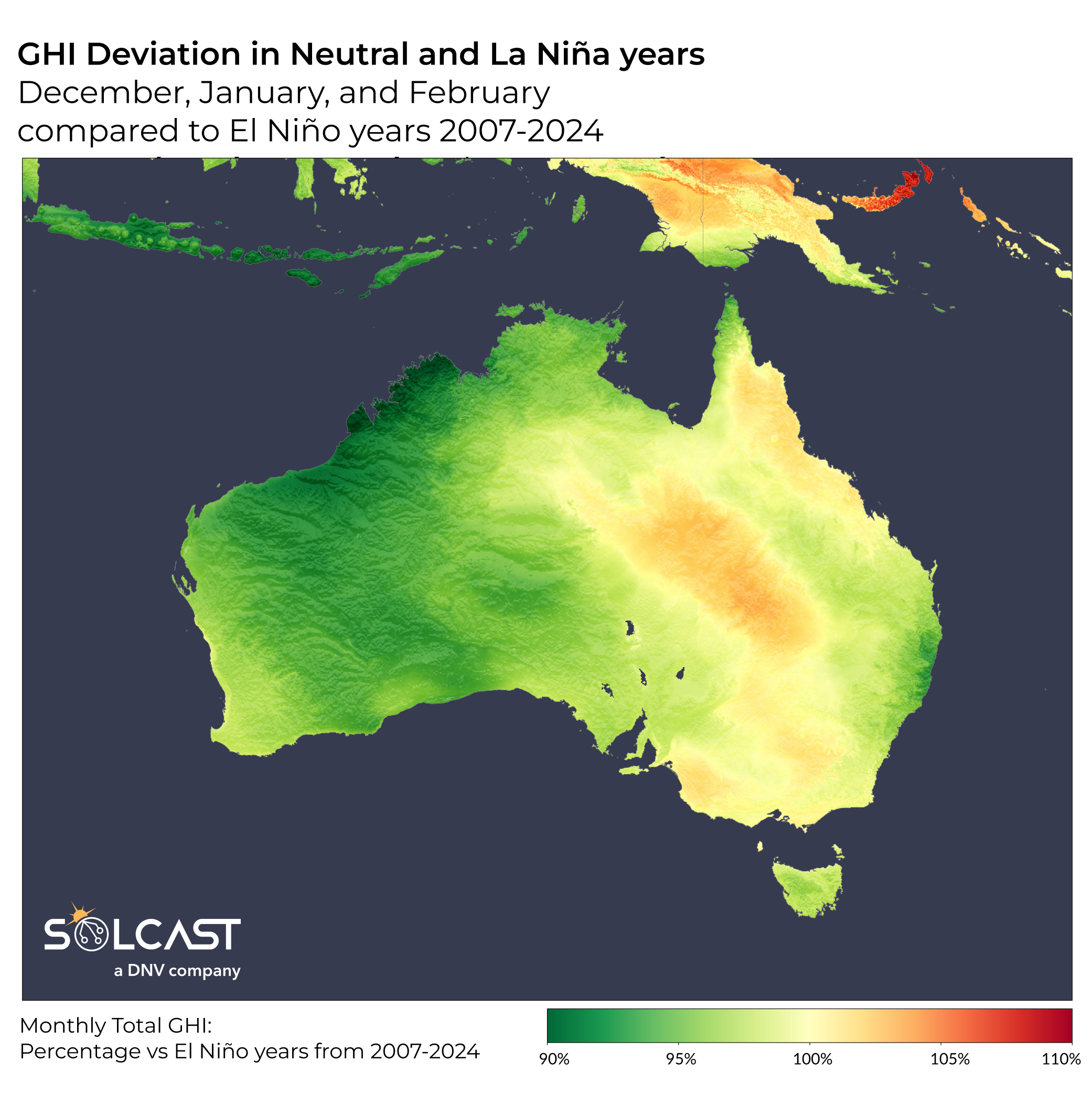 An Australian solar map showing the GHI Deviation in Neutral and La Niña years in December to February compared to El Niño years 2007-2024