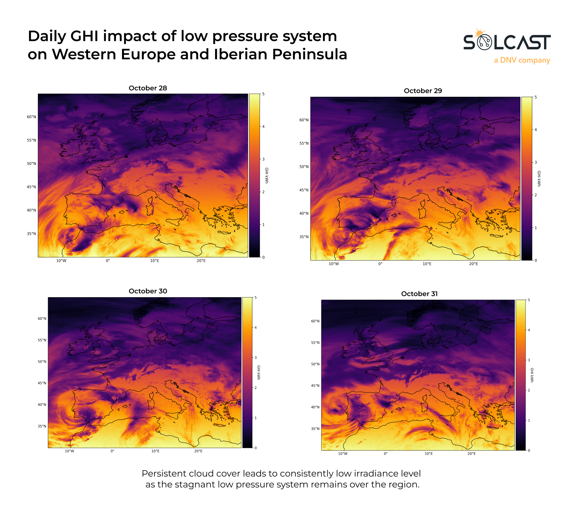 A plot image of the daily GHI impact of low pressure system on Western Europe and Iberian Peninsula