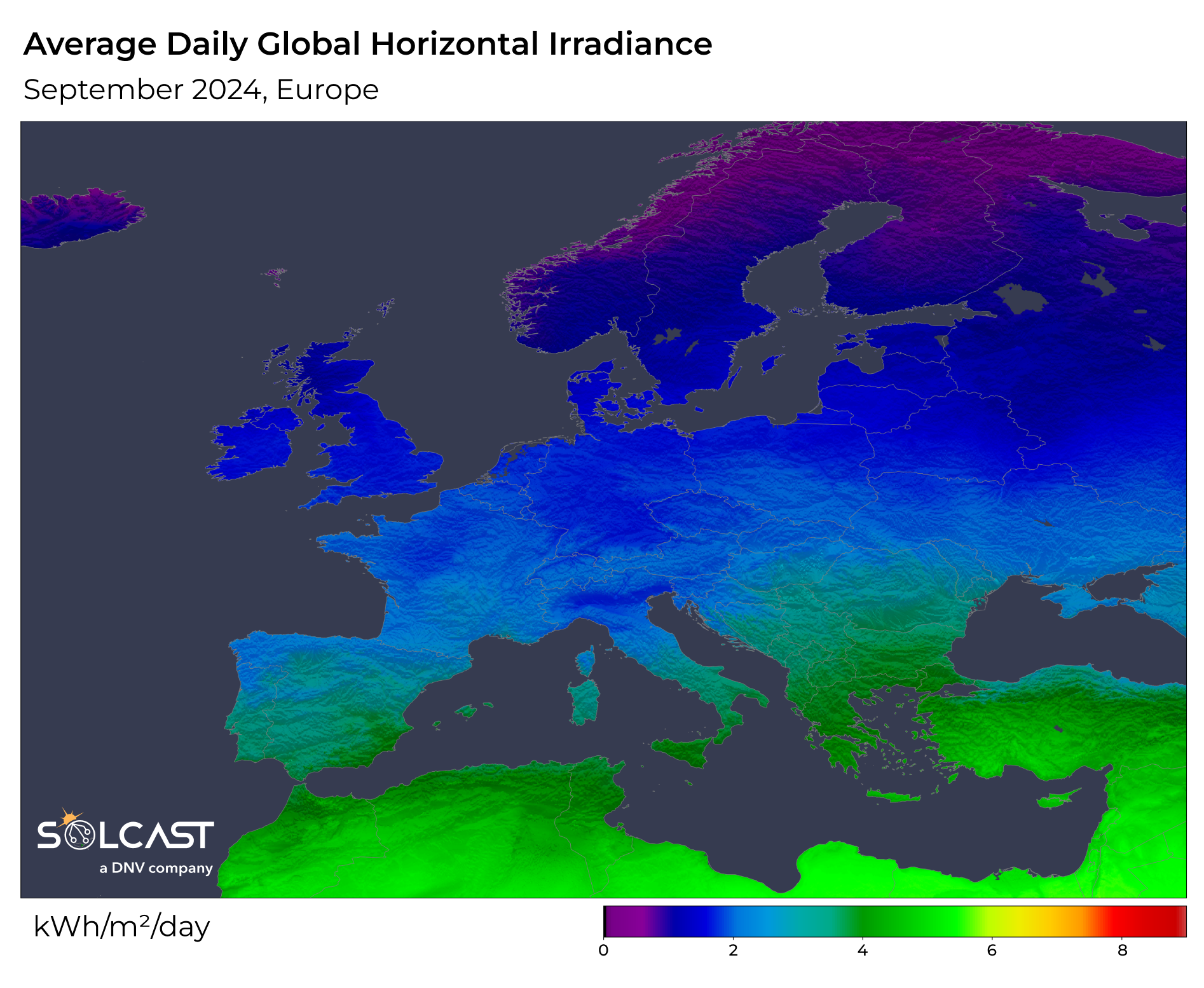 A map showing the average daily GHI in Europe in September 2024