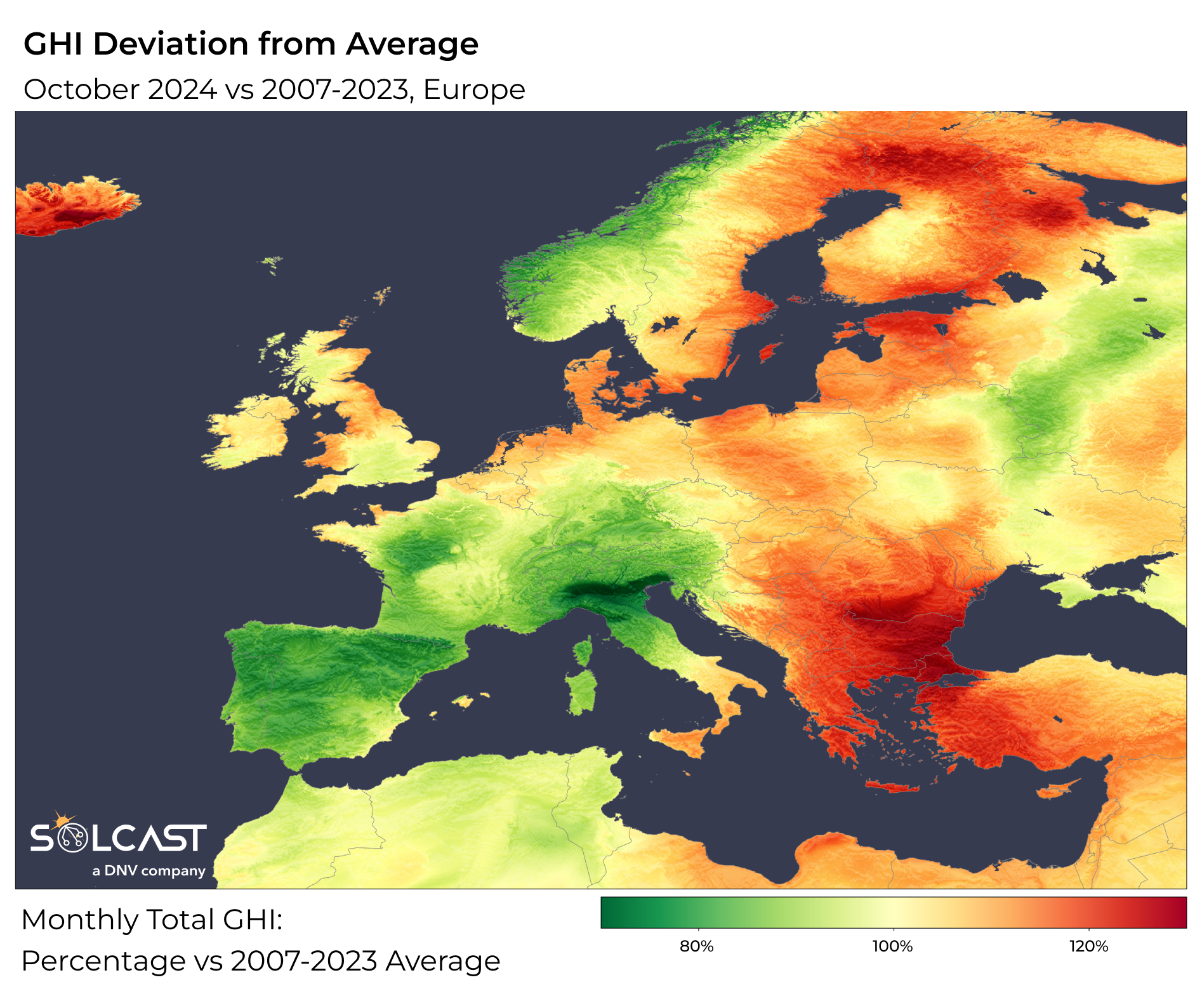 A map showing the GHI deviation from average in Europe in October 2024 vs 2007-20232