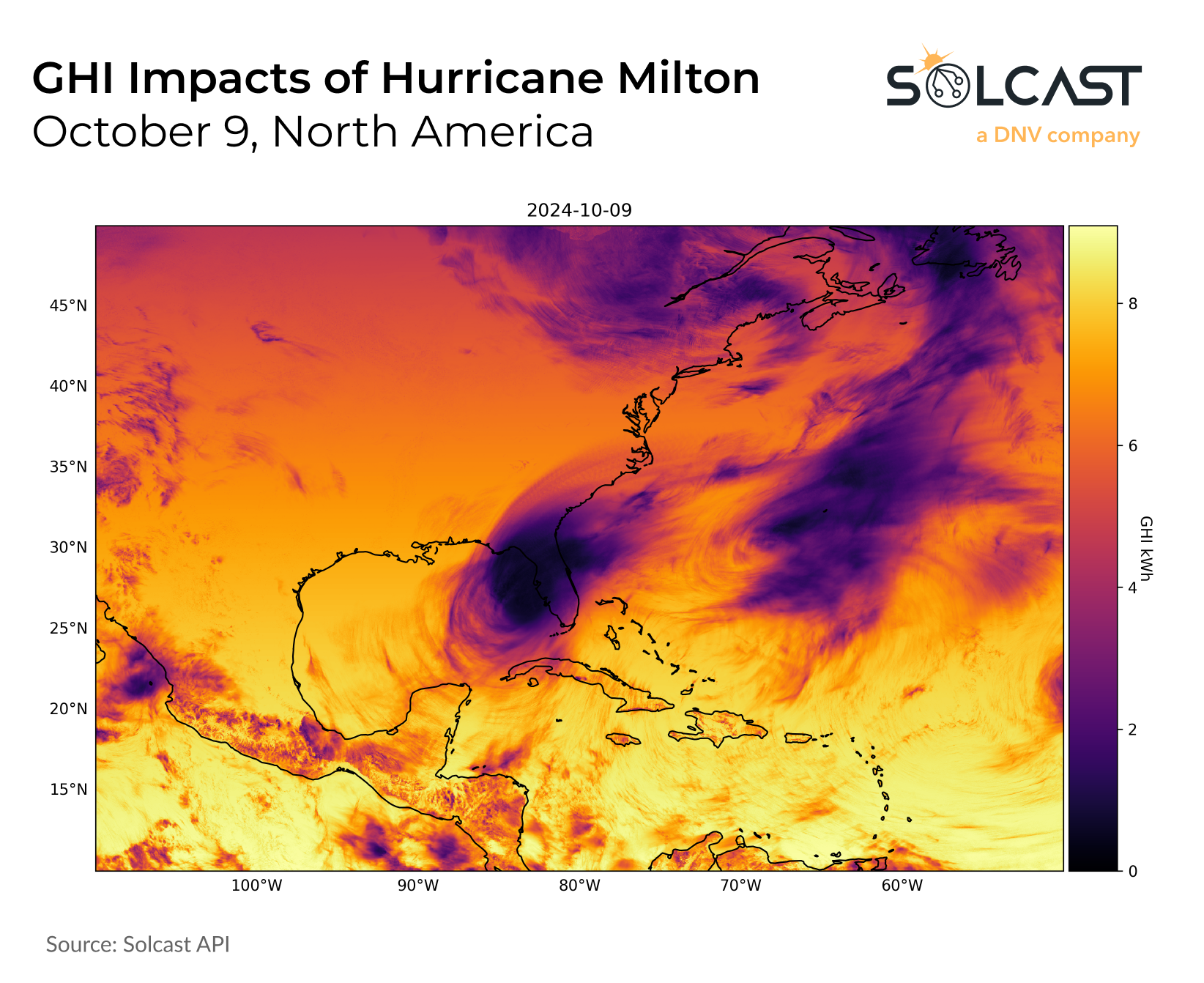 A plot image showing the GHI impacts of Hurricane Milton in North America in October 9