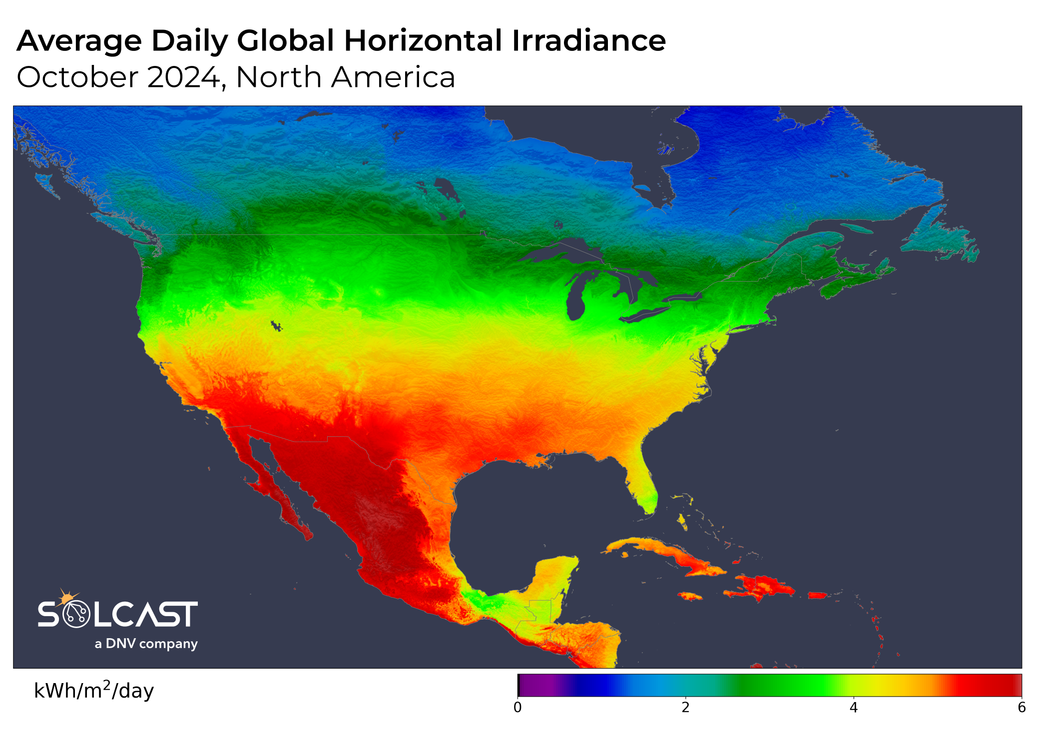 A map showing Average Daily GHI in North America in October 2024