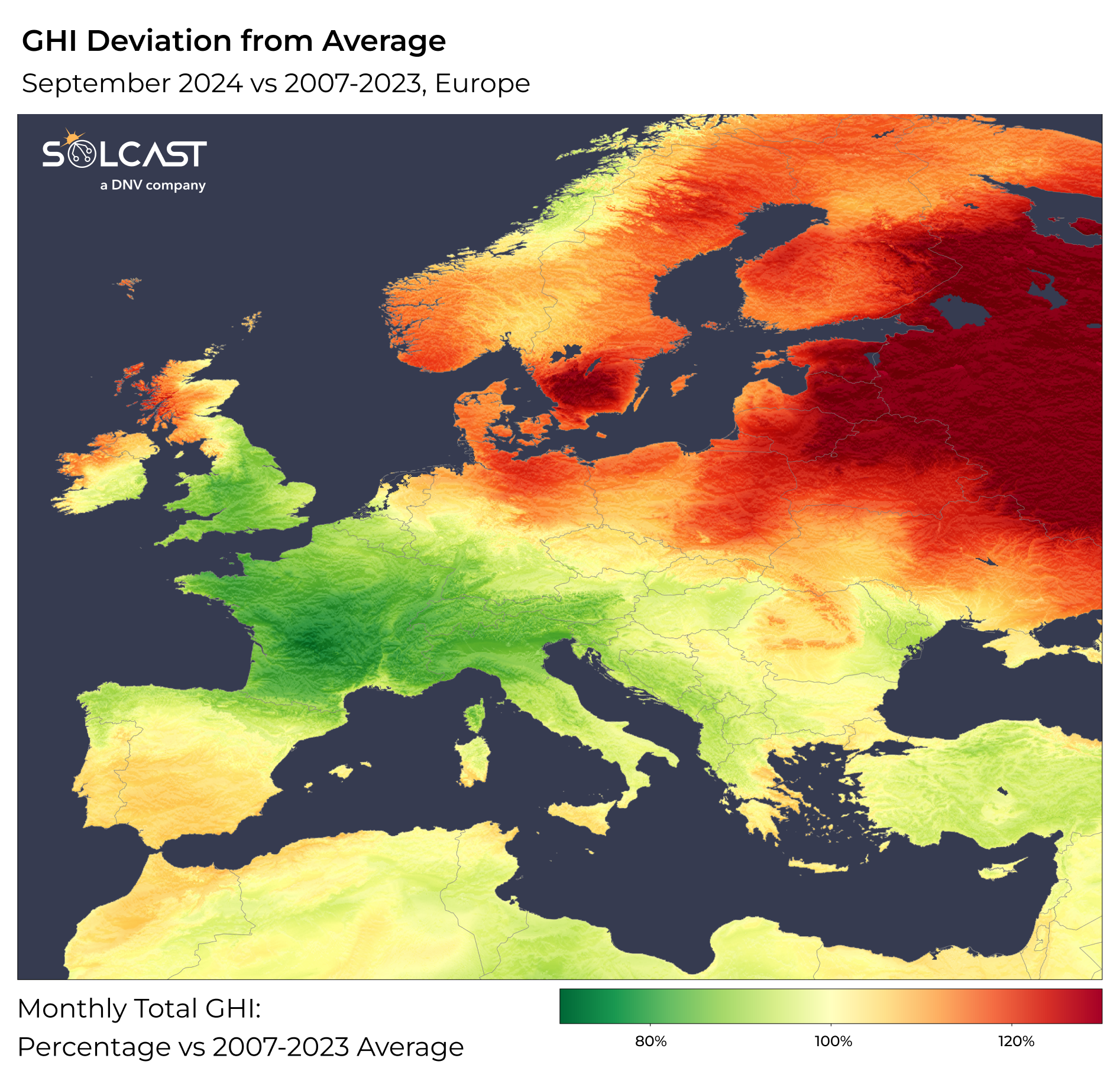 A map showing the GHI Deviation from Average on Sep 2024 vs 2007-2023