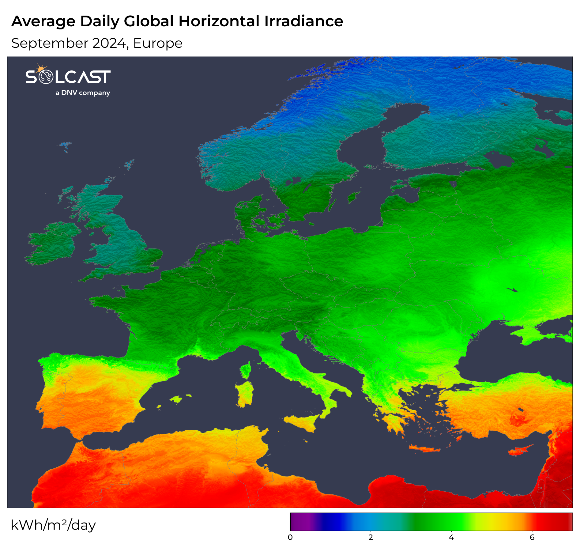 A map showing the average daily GHI in Europe in Sep 2024