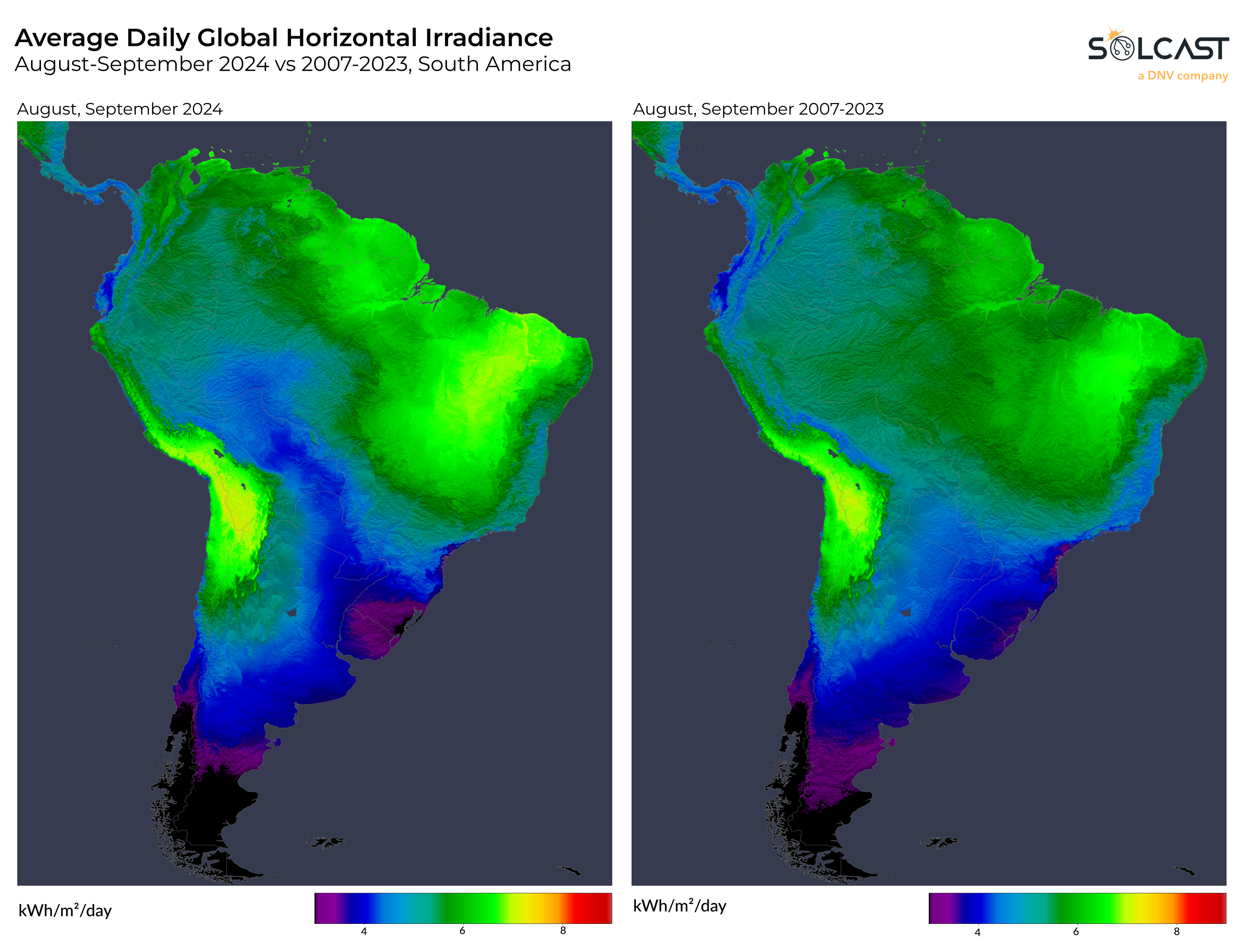 A comparison map of South America's average daily global horizontal irradiance in August-September 2024 versus 2007=2023