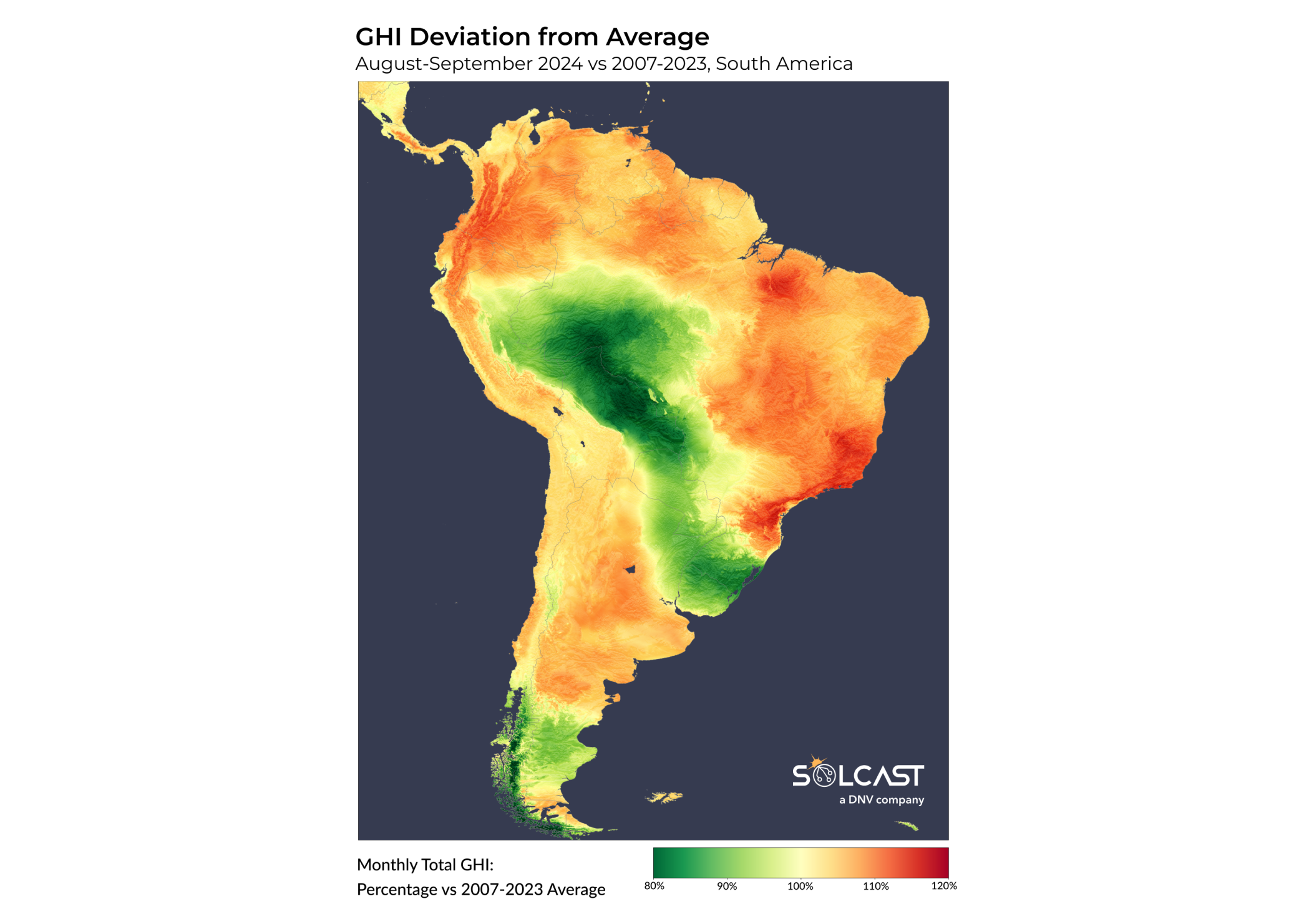 A map showing the GHI deviation from average in South America in August-September 2024 vs 2007-223