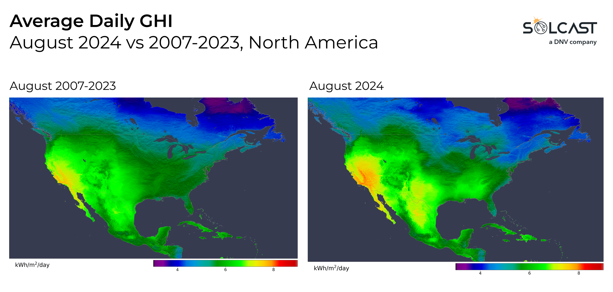 A map showing North America's Average Daily GHI (August 2024 vs 2007-2023)