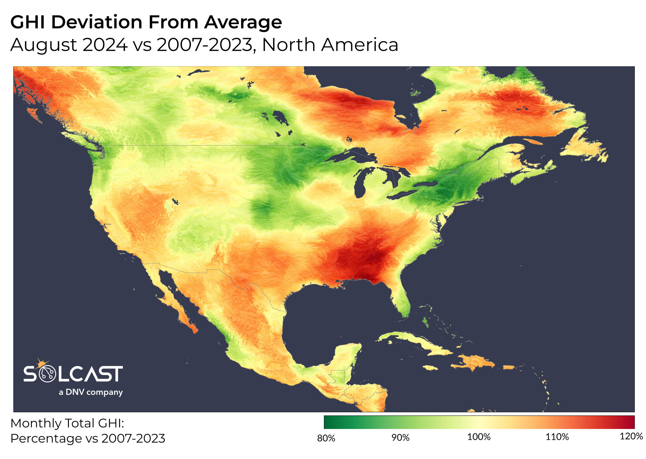 A map showing North America's GHI deviation from average (August 2024 vs 2007-2023)