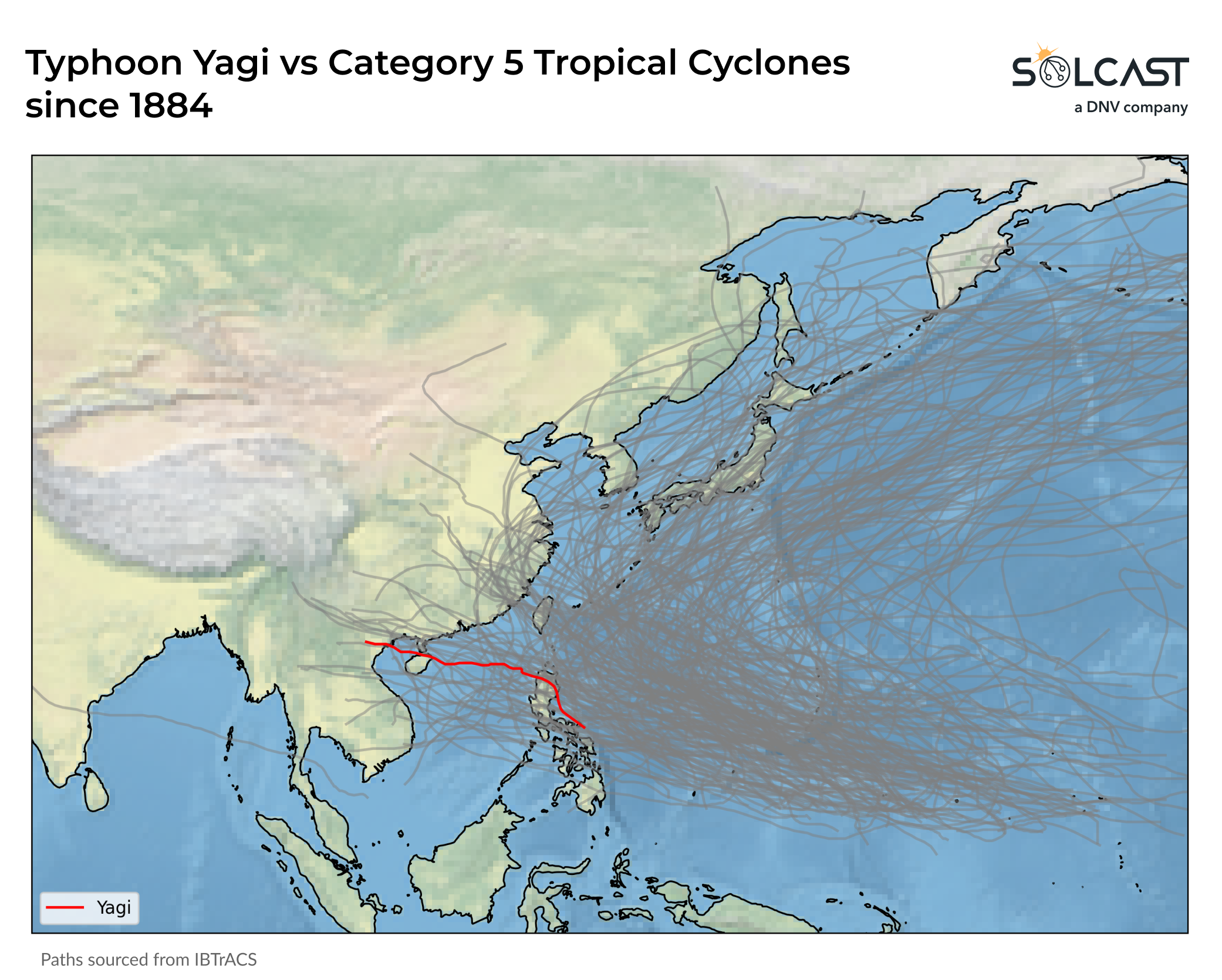 A map showing the movement of Typhoon Yagi vs other Category 5 tropical cyclones 