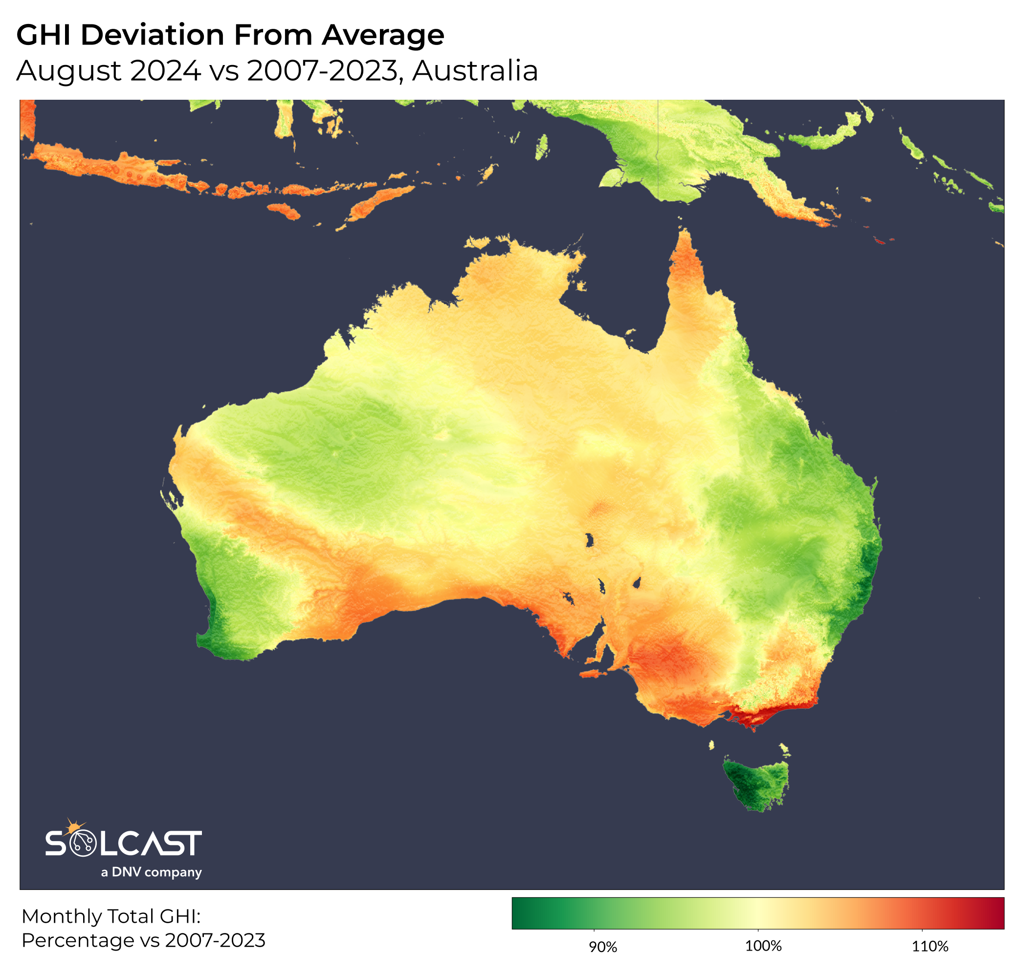 A map showing Australia's GHI deviation from average (August 2024 vs 2007-2023)