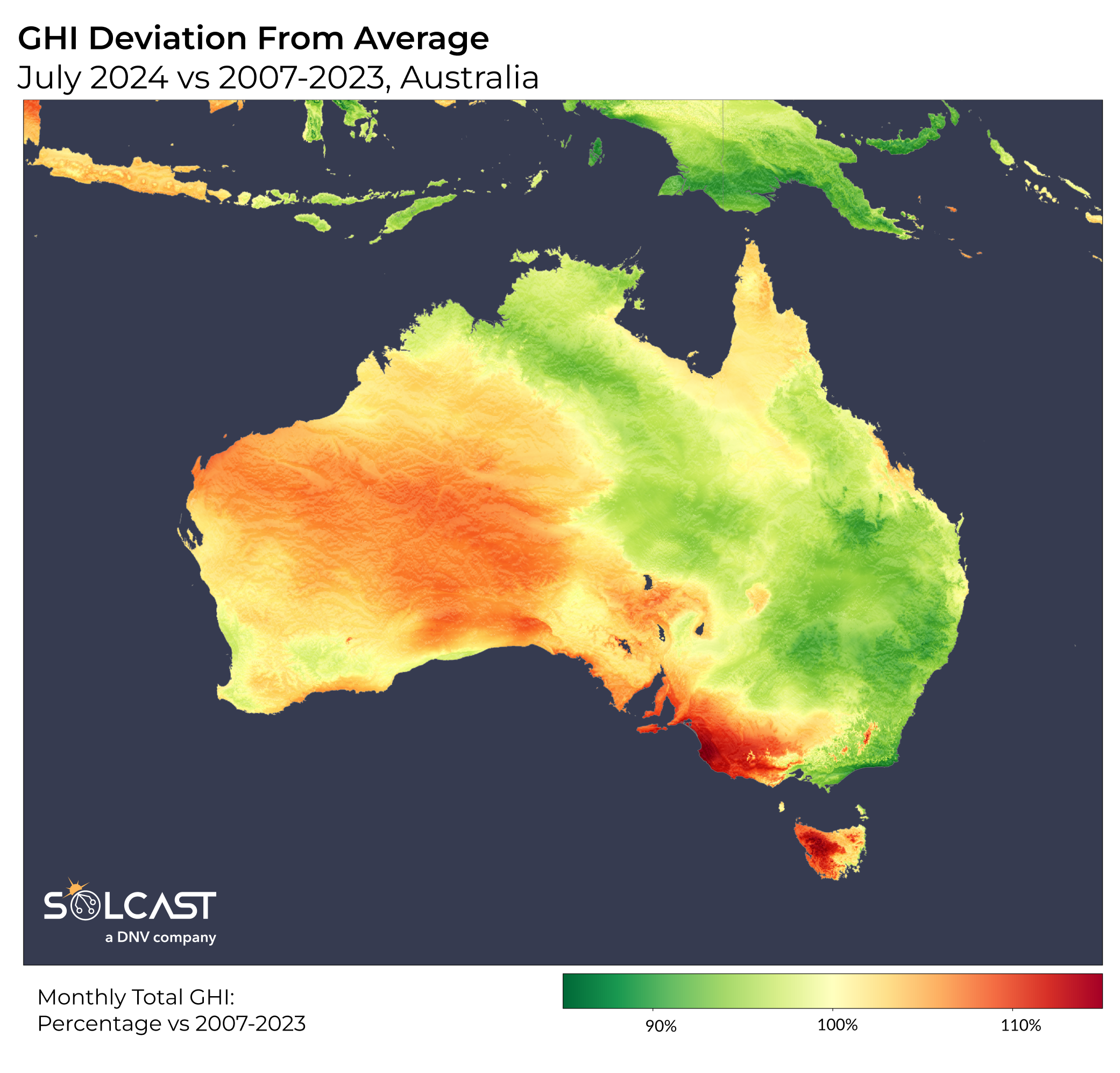 A map showing Australia's GHI deviation from average (July 2024 vs 2007-2023)