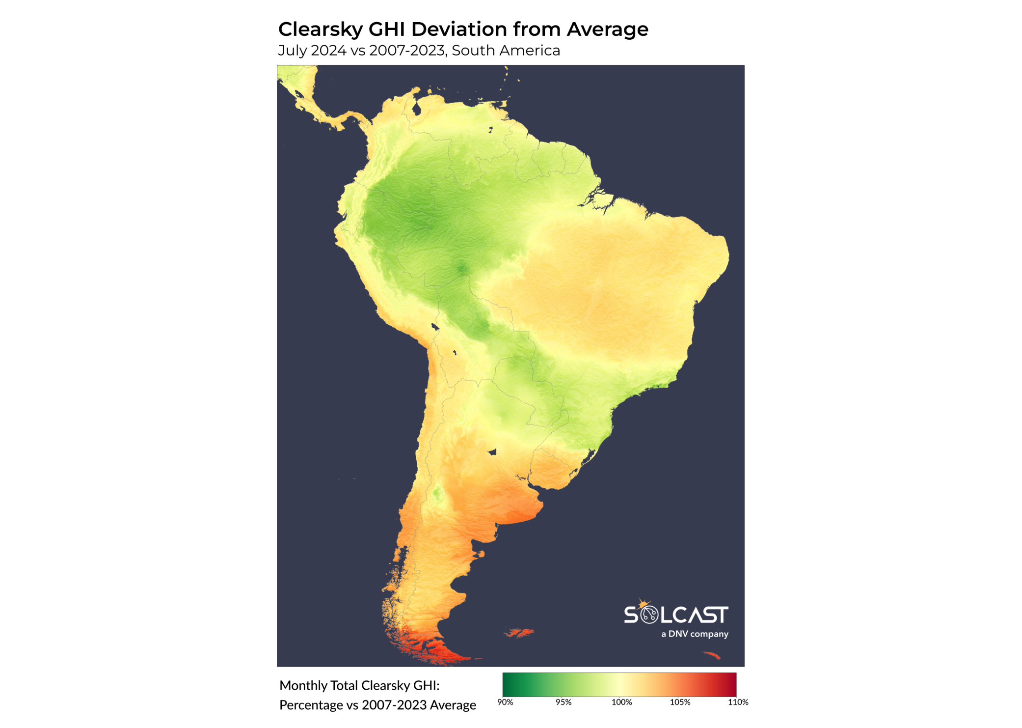 A map showing South America's clearsky GHI deviation from average (July 2024 vs 2007-2023)
