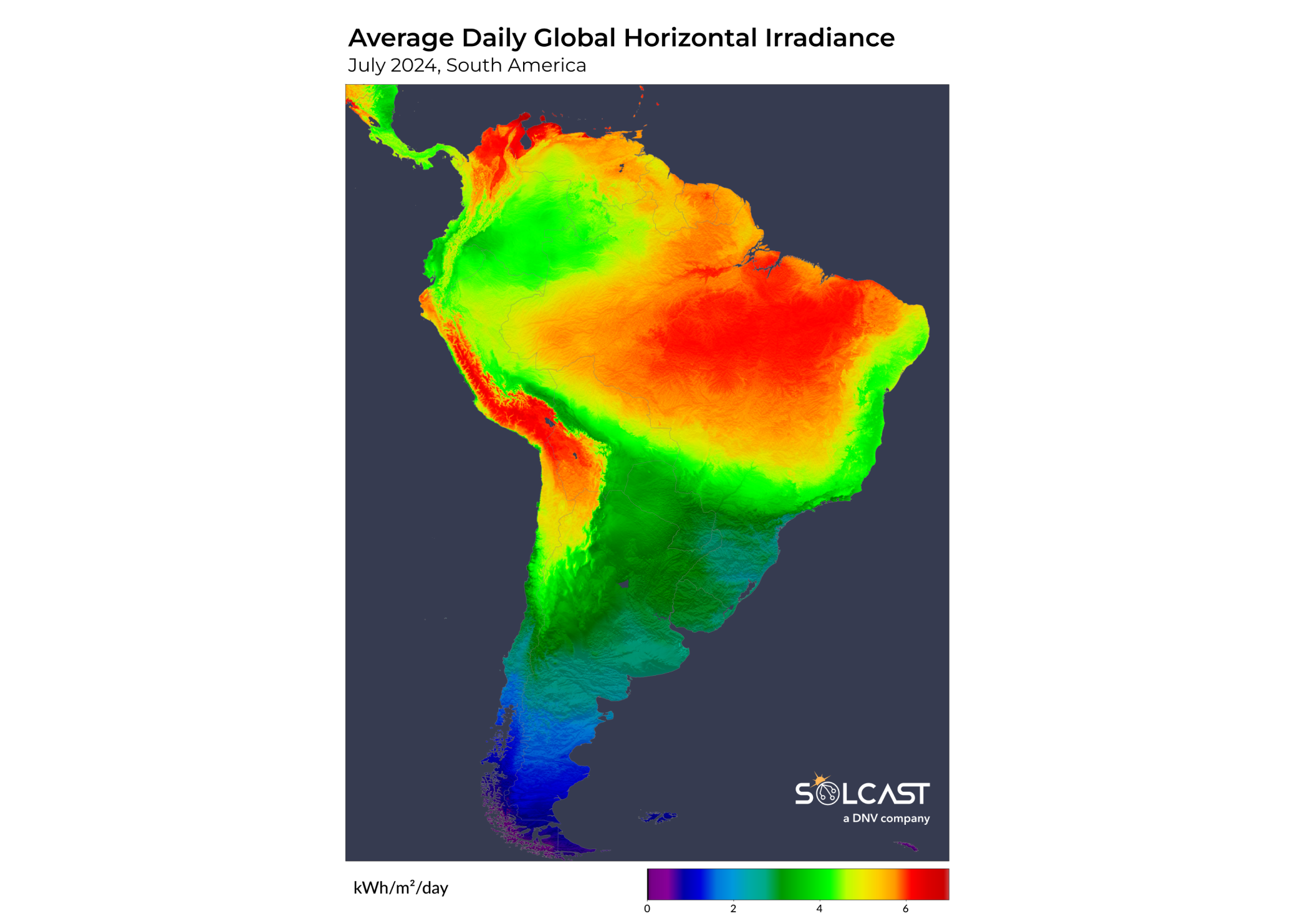 A map showing South America's average daily global irradiance in July 2024