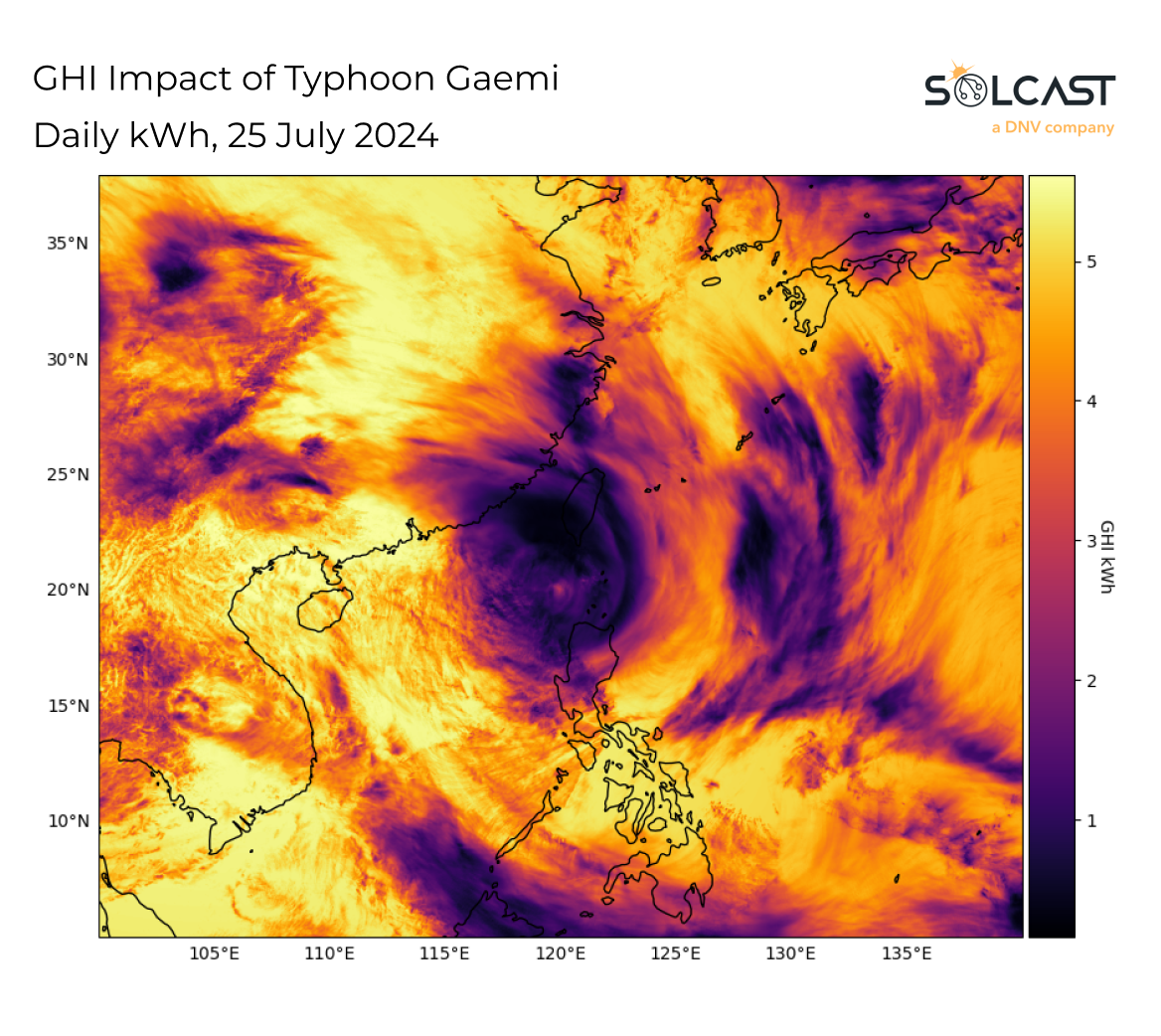 A map showing the irradiance impact of Typhoon Gaemi in July 2024