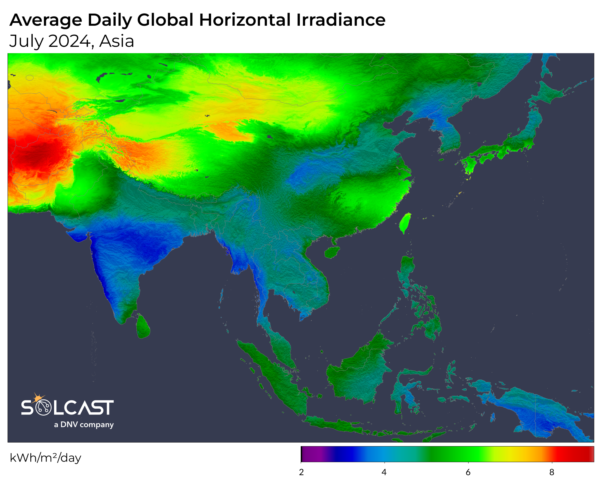 A map showing Asia's average daily Global Horizontal Irradiance in July 2024