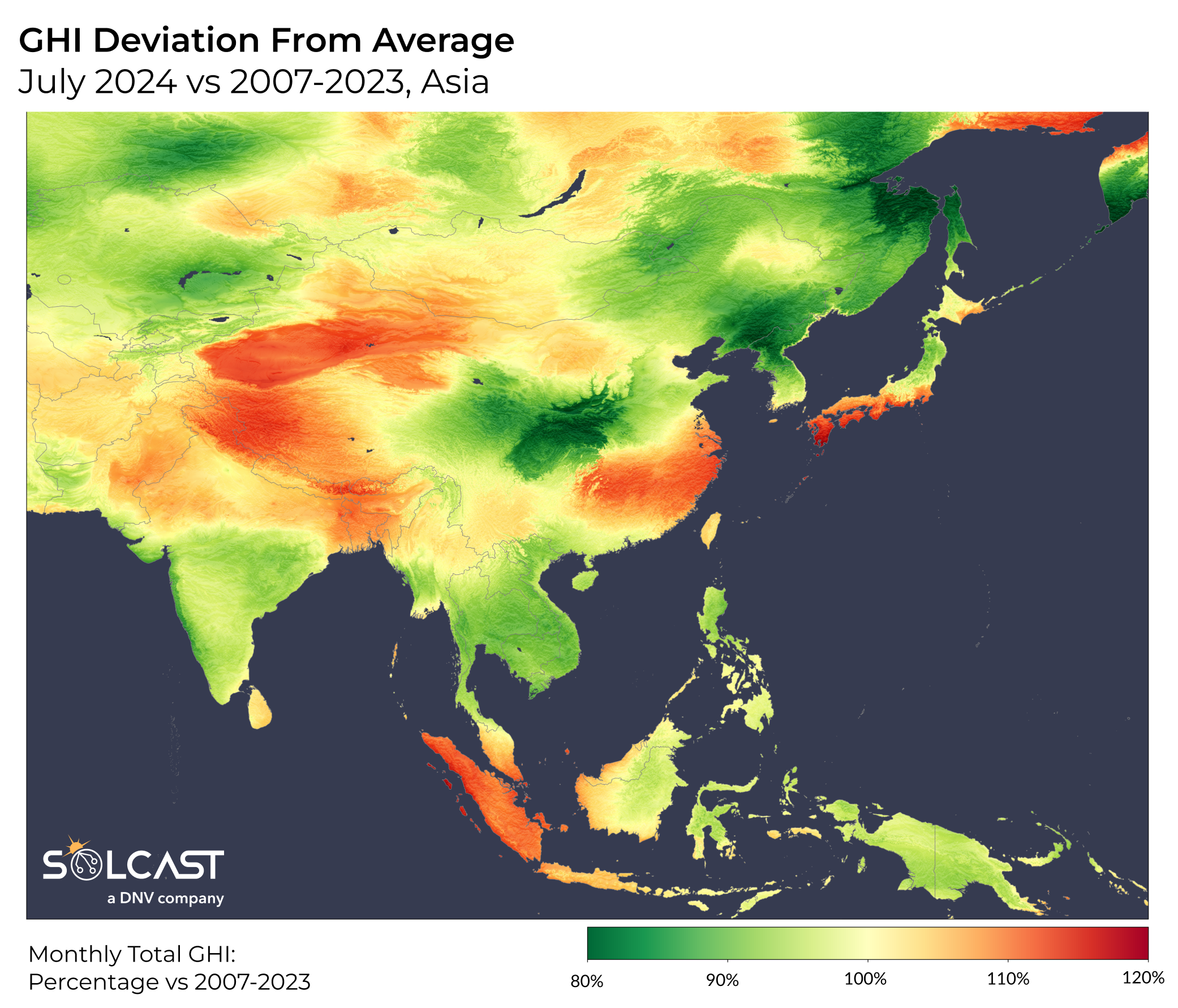 A map showing the GHI deviation from average of Asian solar in July 2024