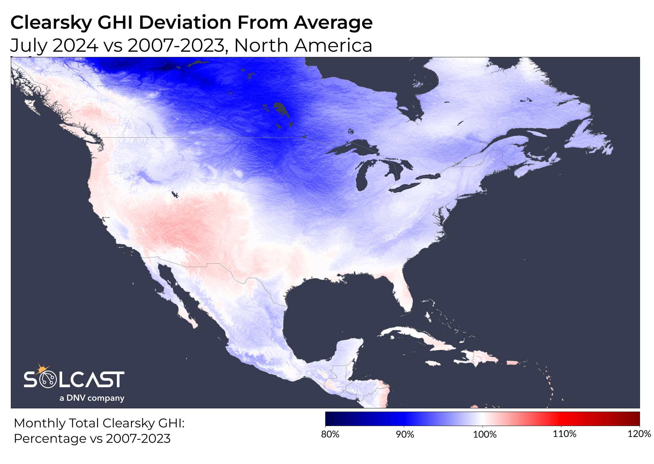 A map showing the clearsky GHI deviation from average for July 2024 vs 2007-2023 in North America