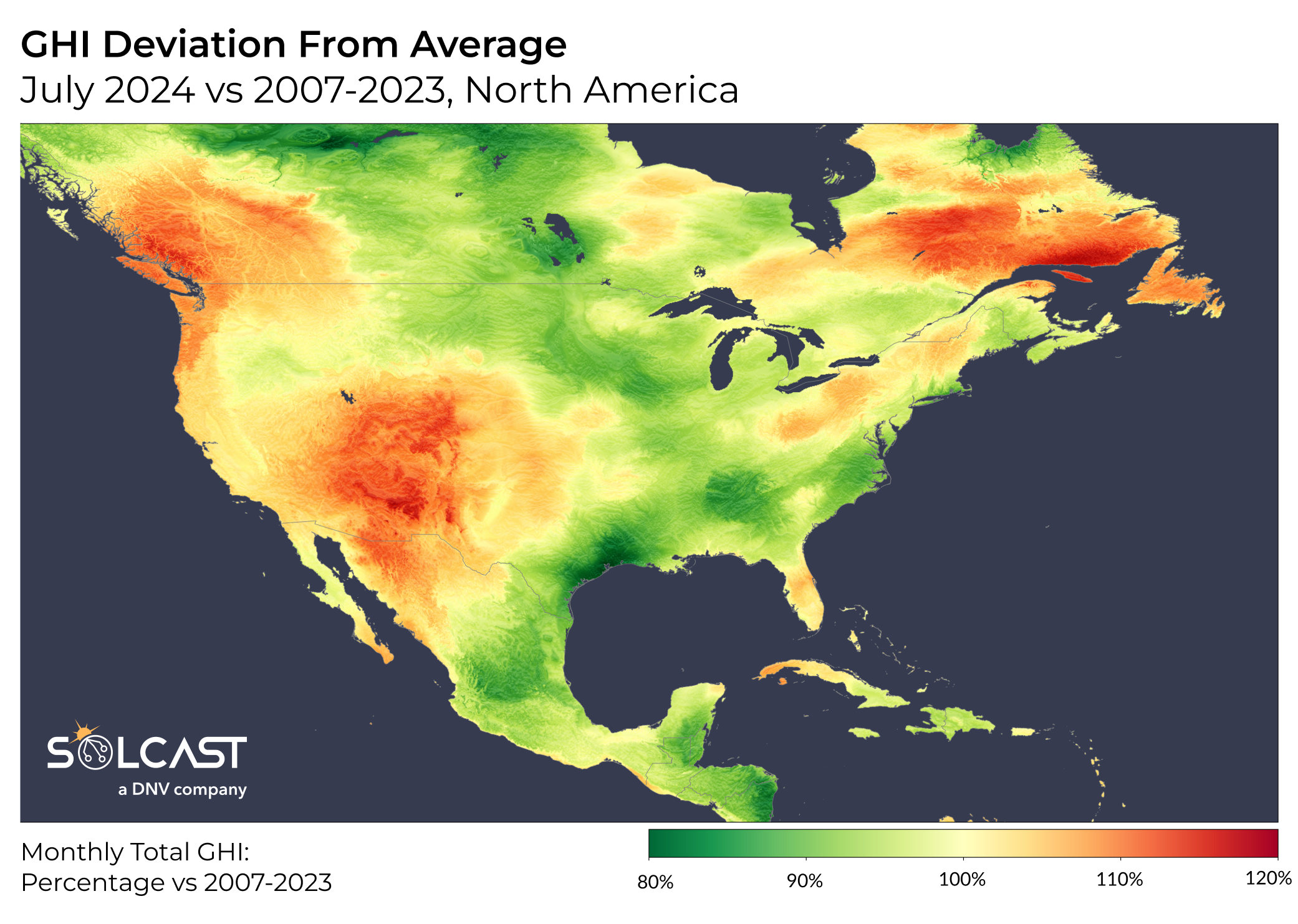 A map showing the GHI deviation from average for July 2024 vs 2007-2023 in North America