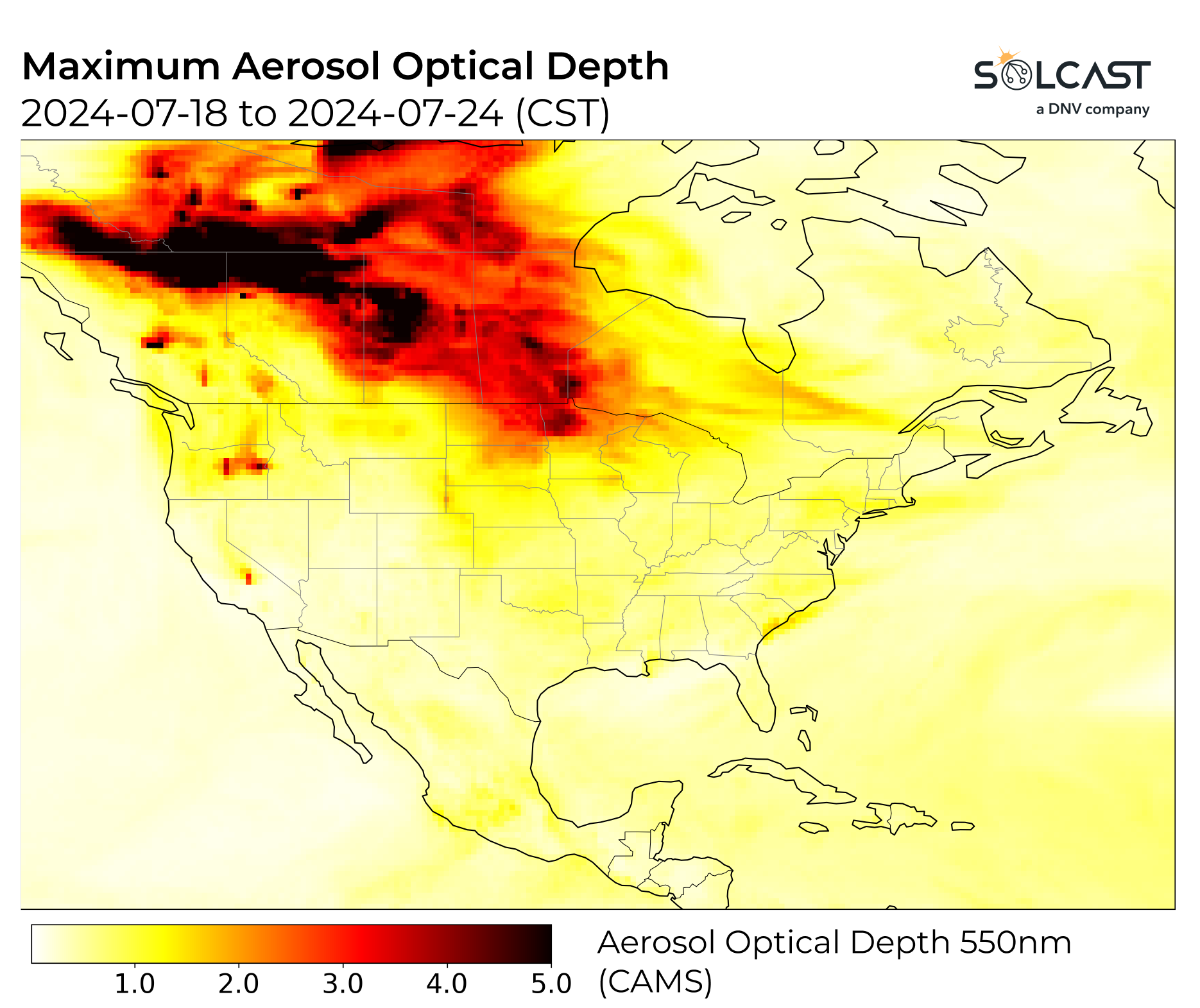 A map showing the maximum aerosol optical depth of Canadian Wildfires from July 18-24