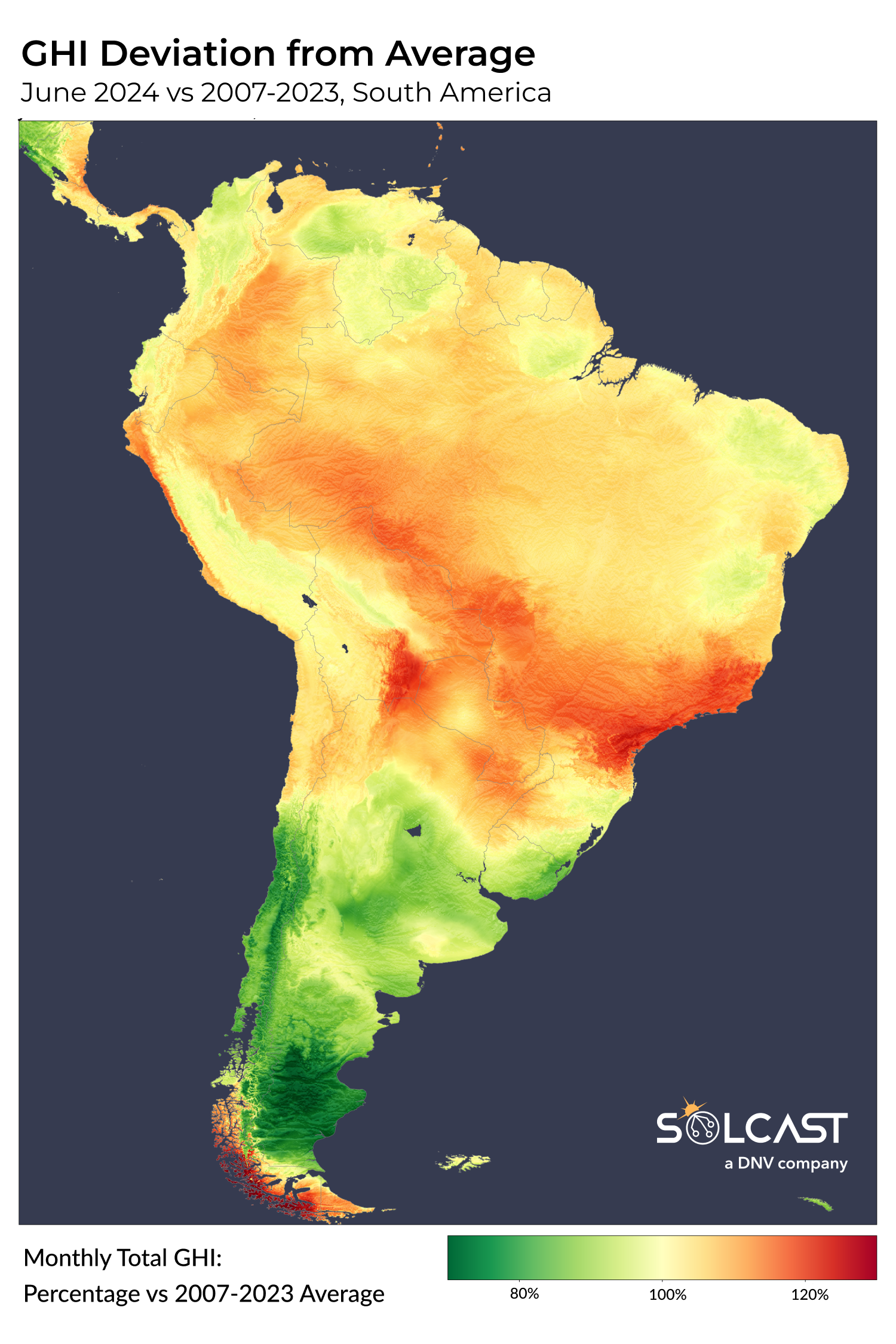 A map showign the GHI deviation from average in South America in June 2024 vs 2007-2023