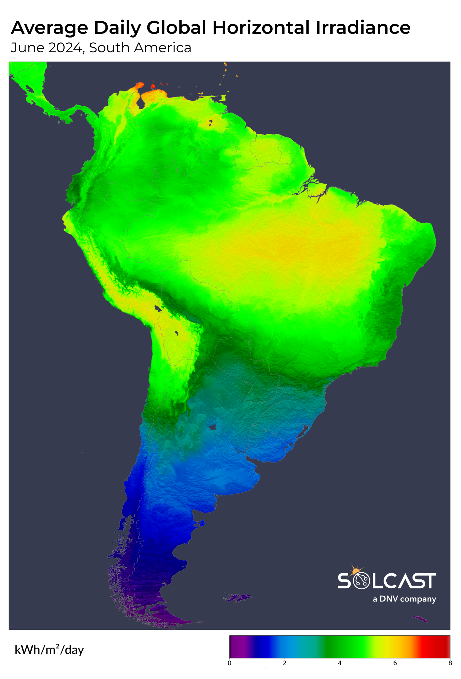 A map showing the average daily global horizontal irradiance in South America in June 2024