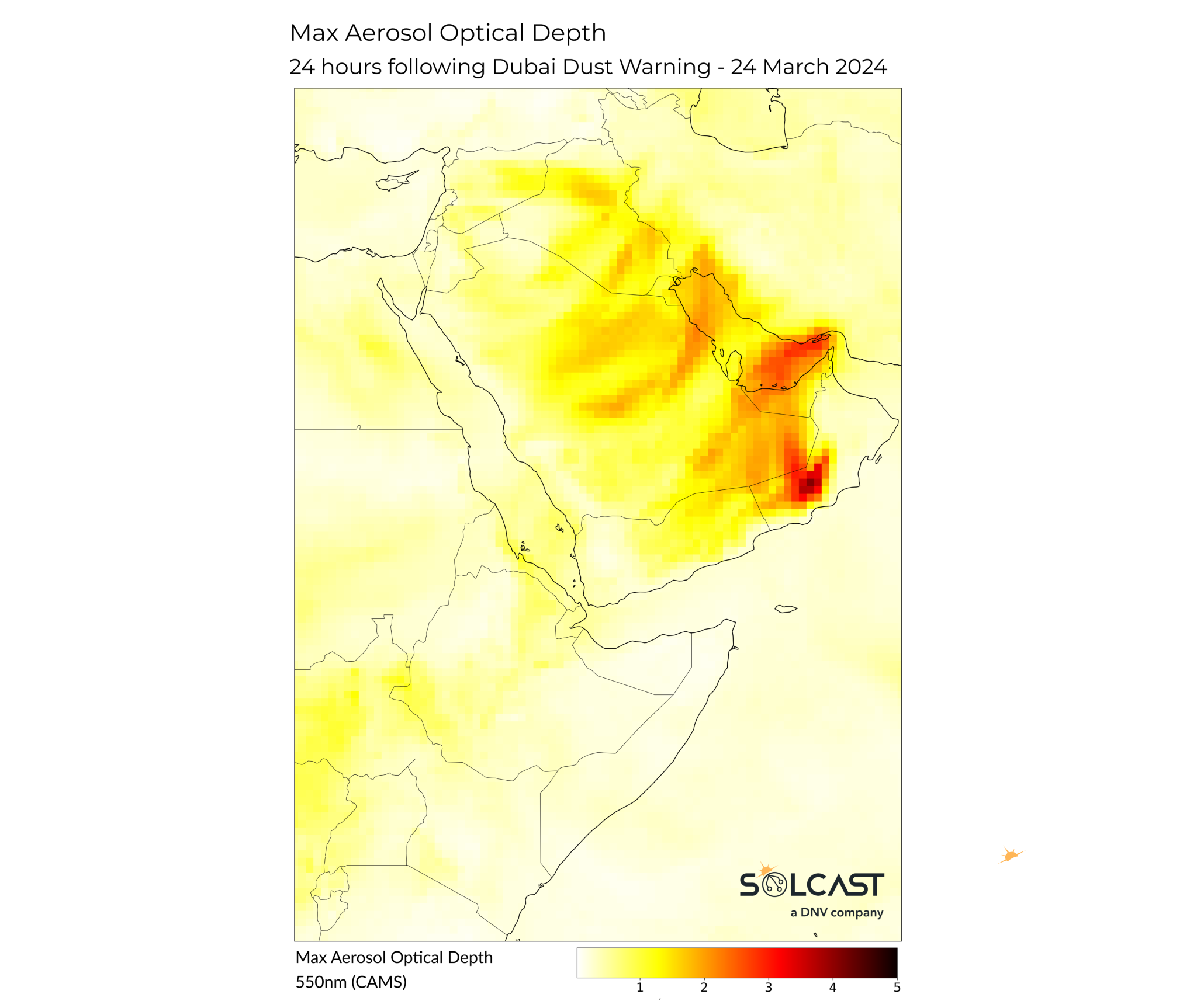 A map showing the maximum aerosol optical depth of the dust evet after Dubai dust warning in 24 March