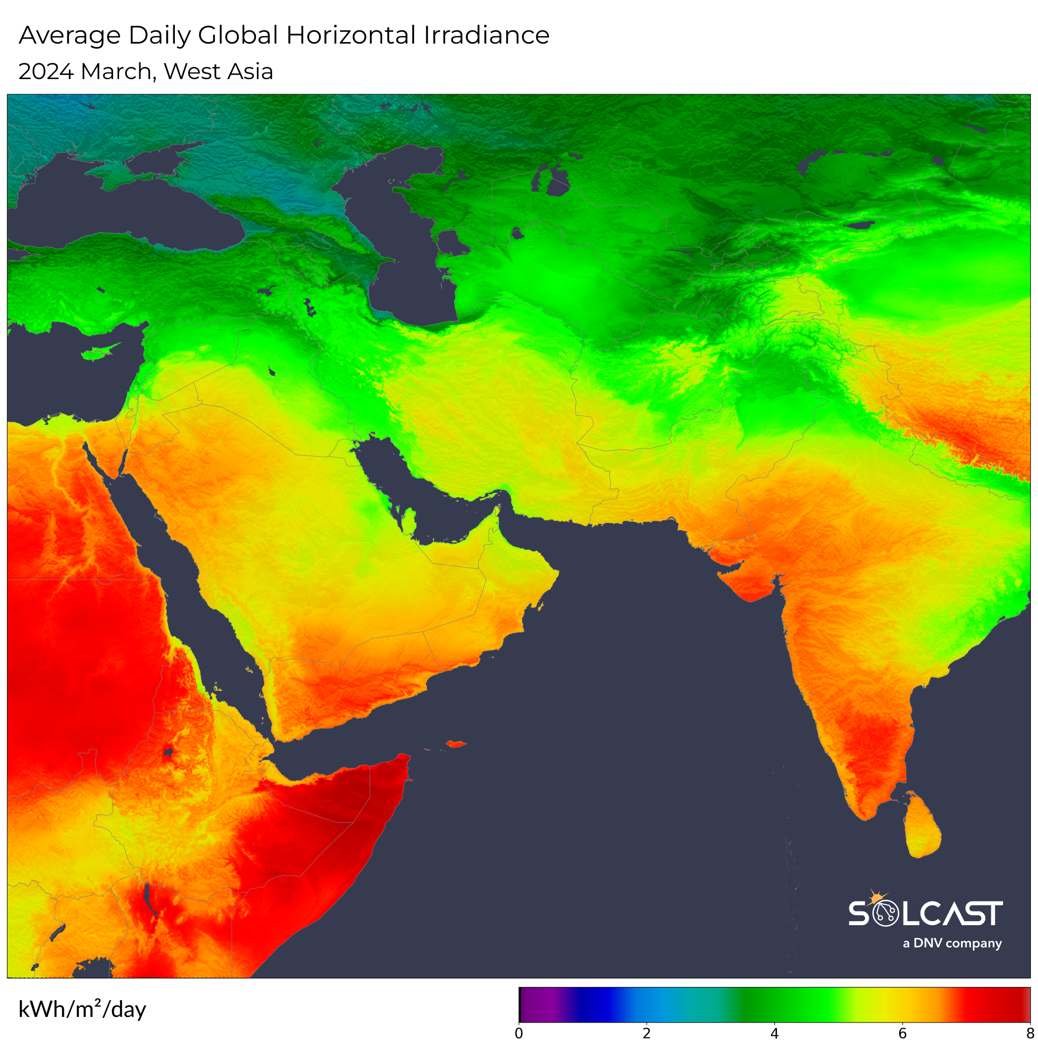 A map showing the average daily global horizontal irradiance in West Asia in March 2024