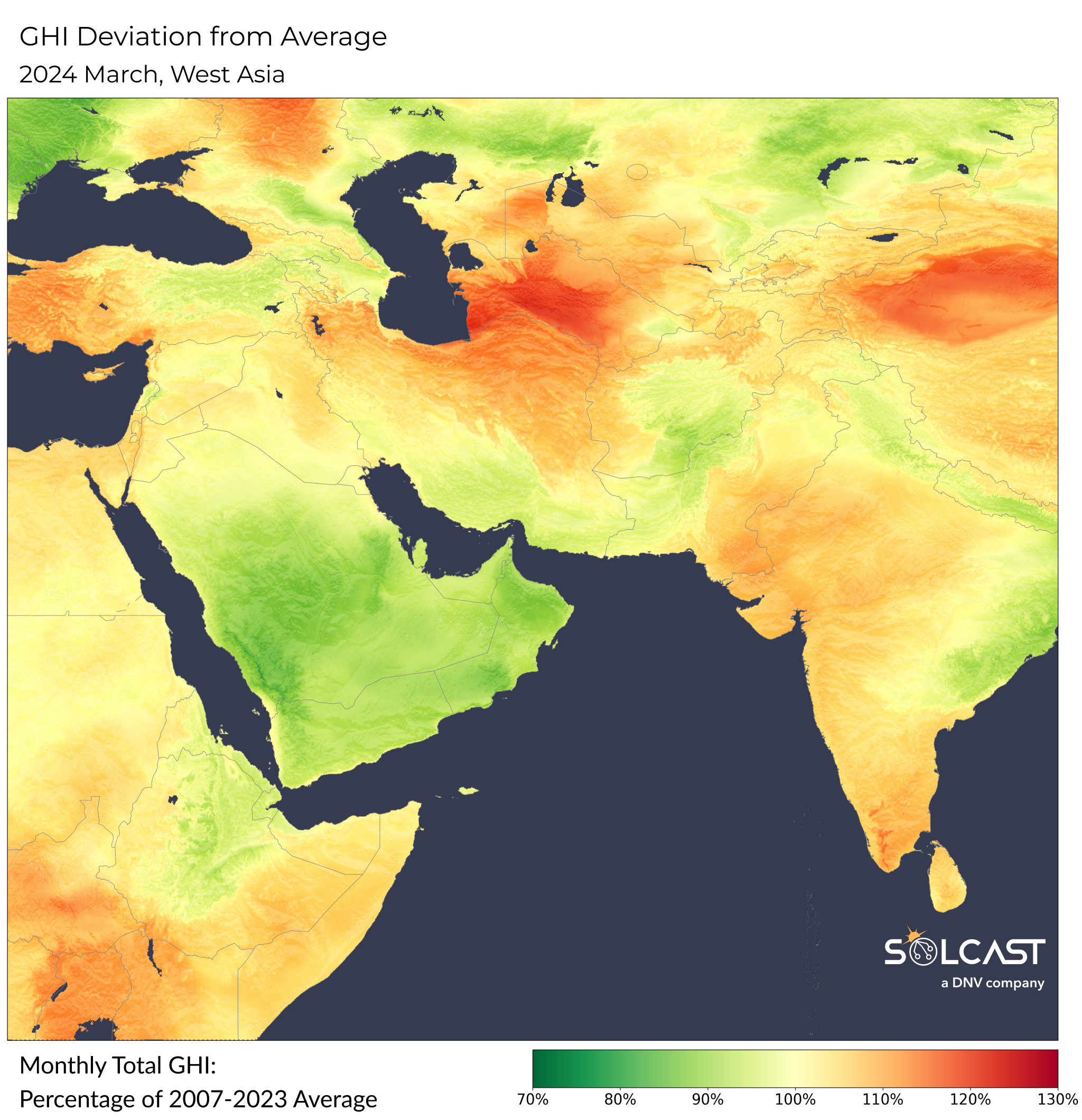A map showing the GHI deviation from average in West Asia in March 2024