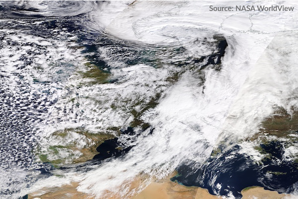 A satellite image of Storm Louis on February