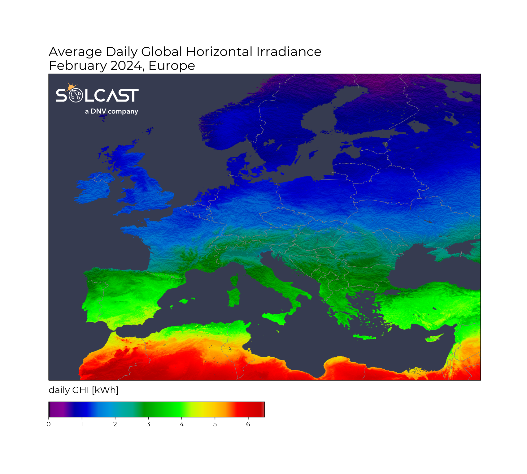 A map showing the average daily global horizontal irradiance in Europe in Februaryr
