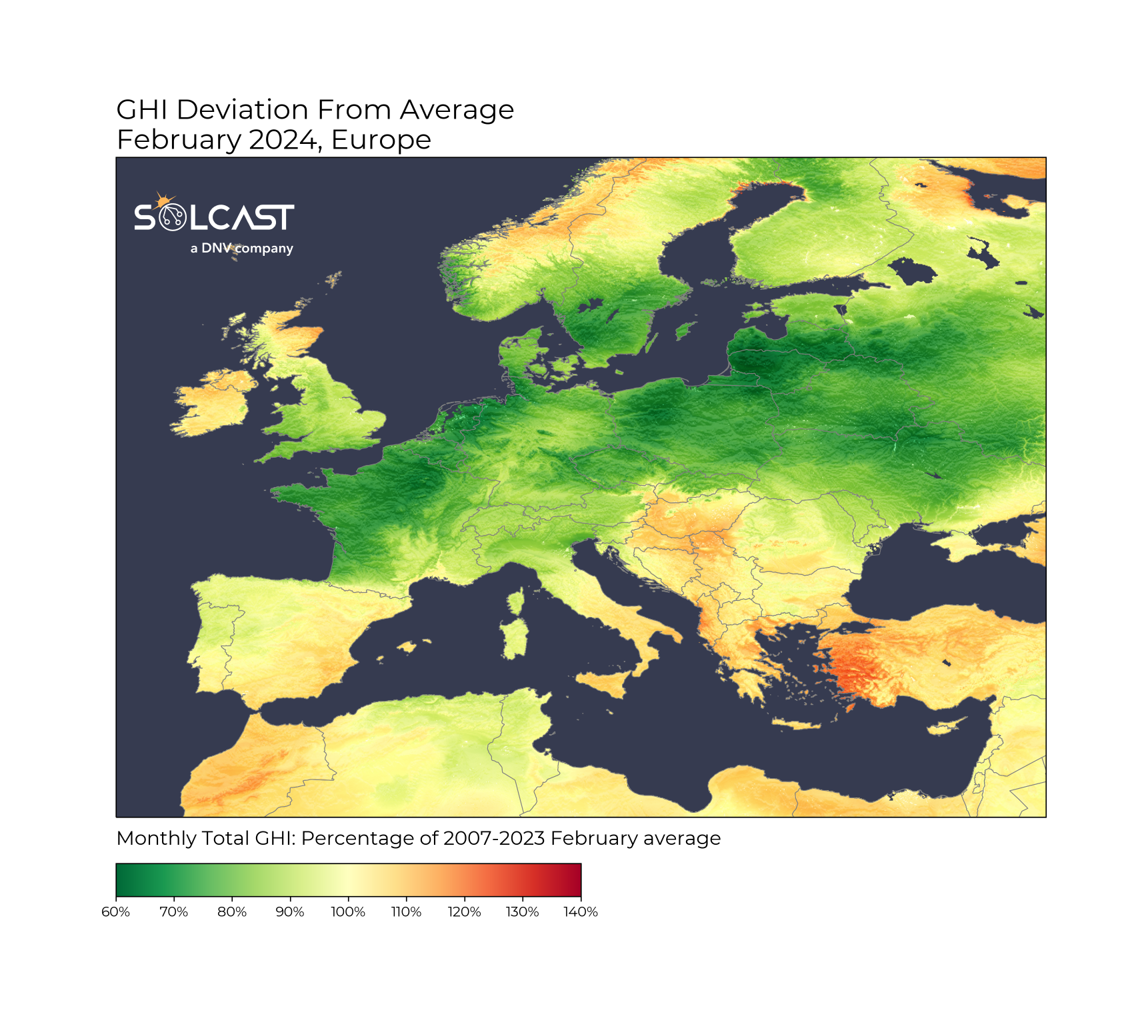 A map showing the GHI deviation from average in Europe in February 2024